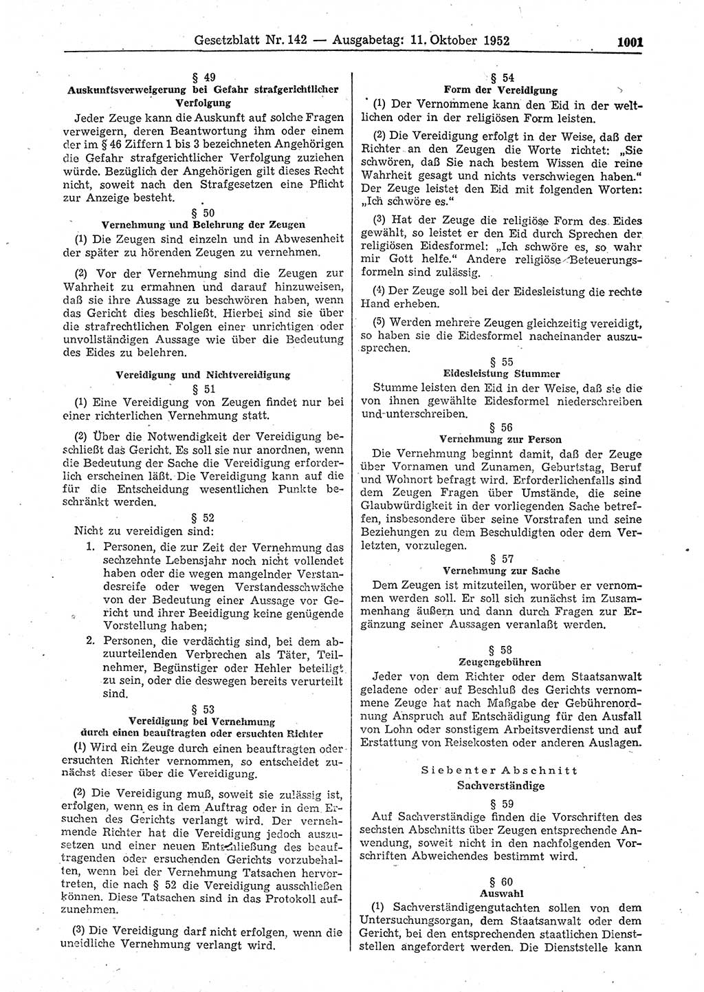 Gesetzblatt (GBl.) der Deutschen Demokratischen Republik (DDR) 1952, Seite 1001 (GBl. DDR 1952, S. 1001)