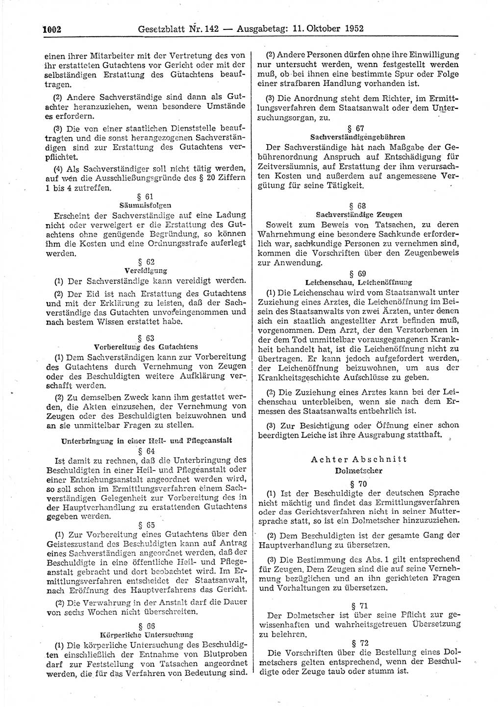 Gesetzblatt (GBl.) der Deutschen Demokratischen Republik (DDR) 1952, Seite 1002 (GBl. DDR 1952, S. 1002)