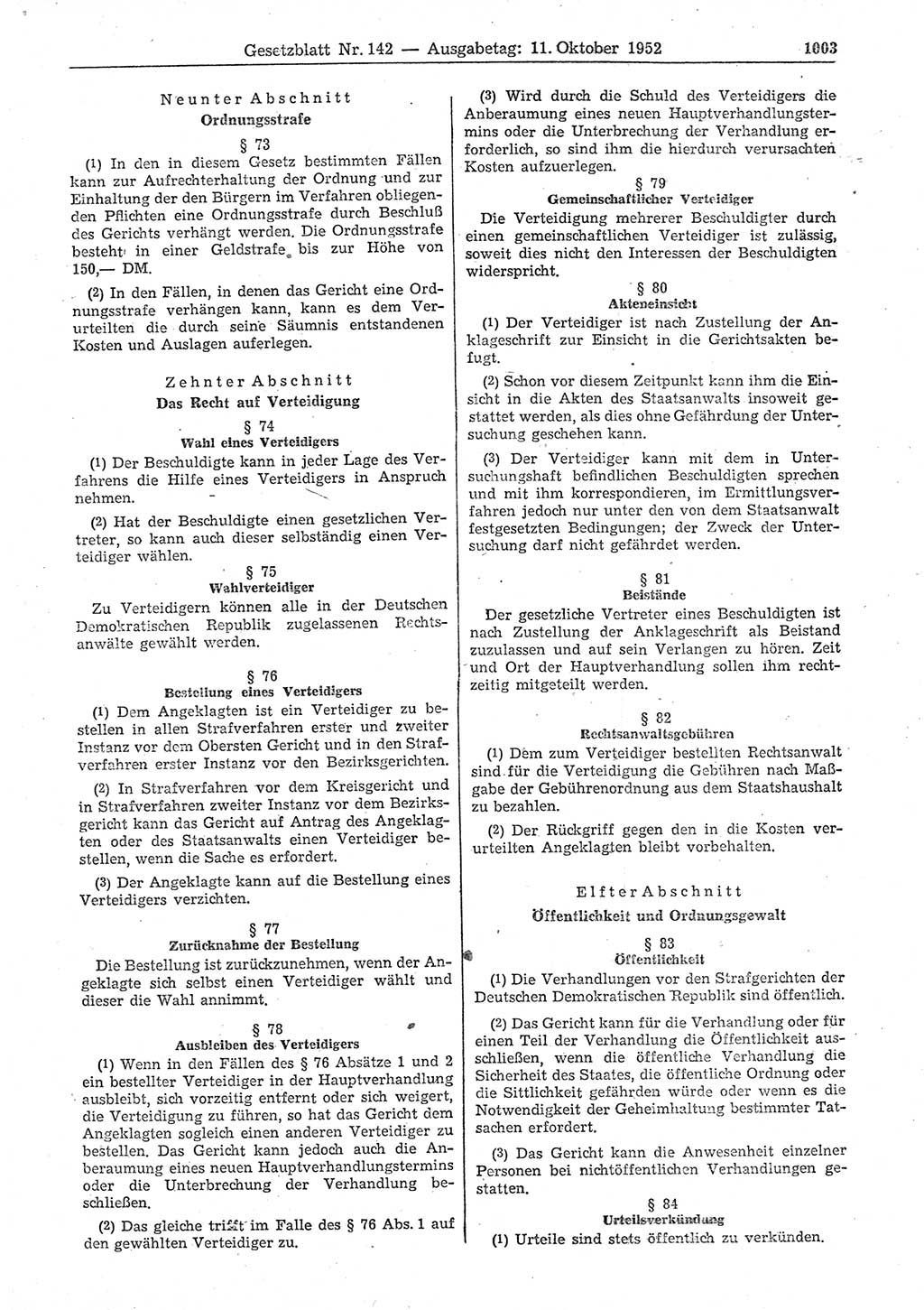 Gesetzblatt (GBl.) der Deutschen Demokratischen Republik (DDR) 1952, Seite 1003 (GBl. DDR 1952, S. 1003)