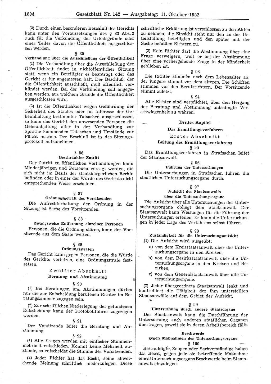 Gesetzblatt (GBl.) der Deutschen Demokratischen Republik (DDR) 1952, Seite 1004 (GBl. DDR 1952, S. 1004)