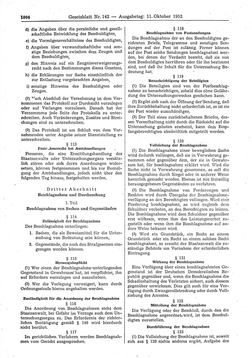 Gesetzblatt (GBl.) der Deutschen Demokratischen Republik (DDR) 1952, Seite 1006 (GBl. DDR 1952, S. 1006)