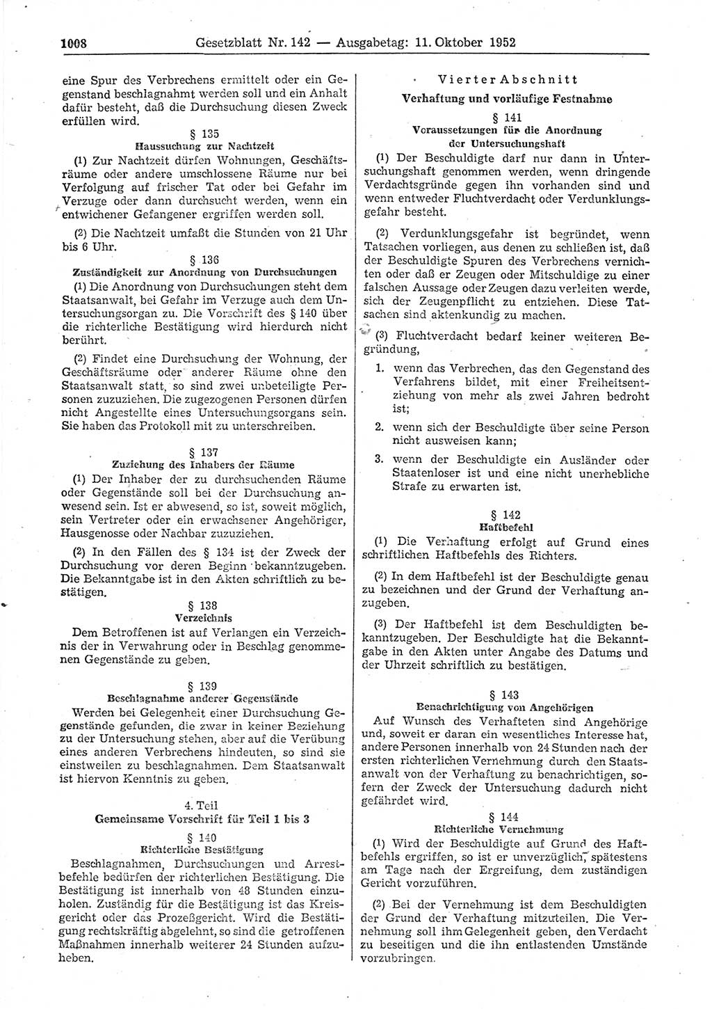 Gesetzblatt (GBl.) der Deutschen Demokratischen Republik (DDR) 1952, Seite 1008 (GBl. DDR 1952, S. 1008)