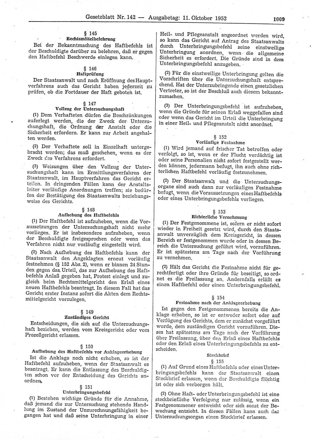 Gesetzblatt (GBl.) der Deutschen Demokratischen Republik (DDR) 1952, Seite 1009 (GBl. DDR 1952, S. 1009)