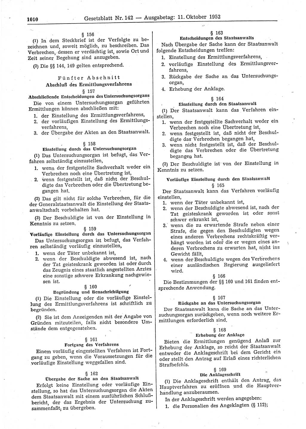 Gesetzblatt (GBl.) der Deutschen Demokratischen Republik (DDR) 1952, Seite 1010 (GBl. DDR 1952, S. 1010)