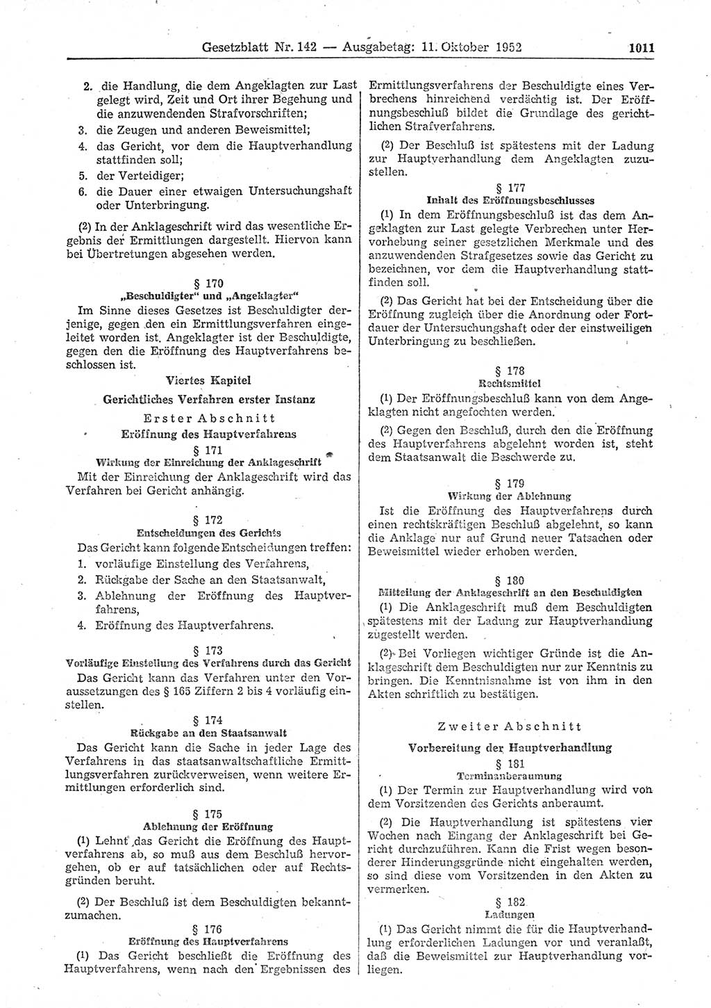 Gesetzblatt (GBl.) der Deutschen Demokratischen Republik (DDR) 1952, Seite 1011 (GBl. DDR 1952, S. 1011)