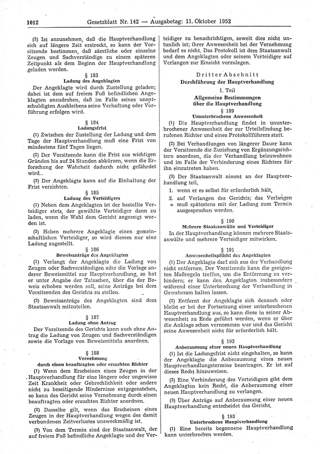 Gesetzblatt (GBl.) der Deutschen Demokratischen Republik (DDR) 1952, Seite 1012 (GBl. DDR 1952, S. 1012)