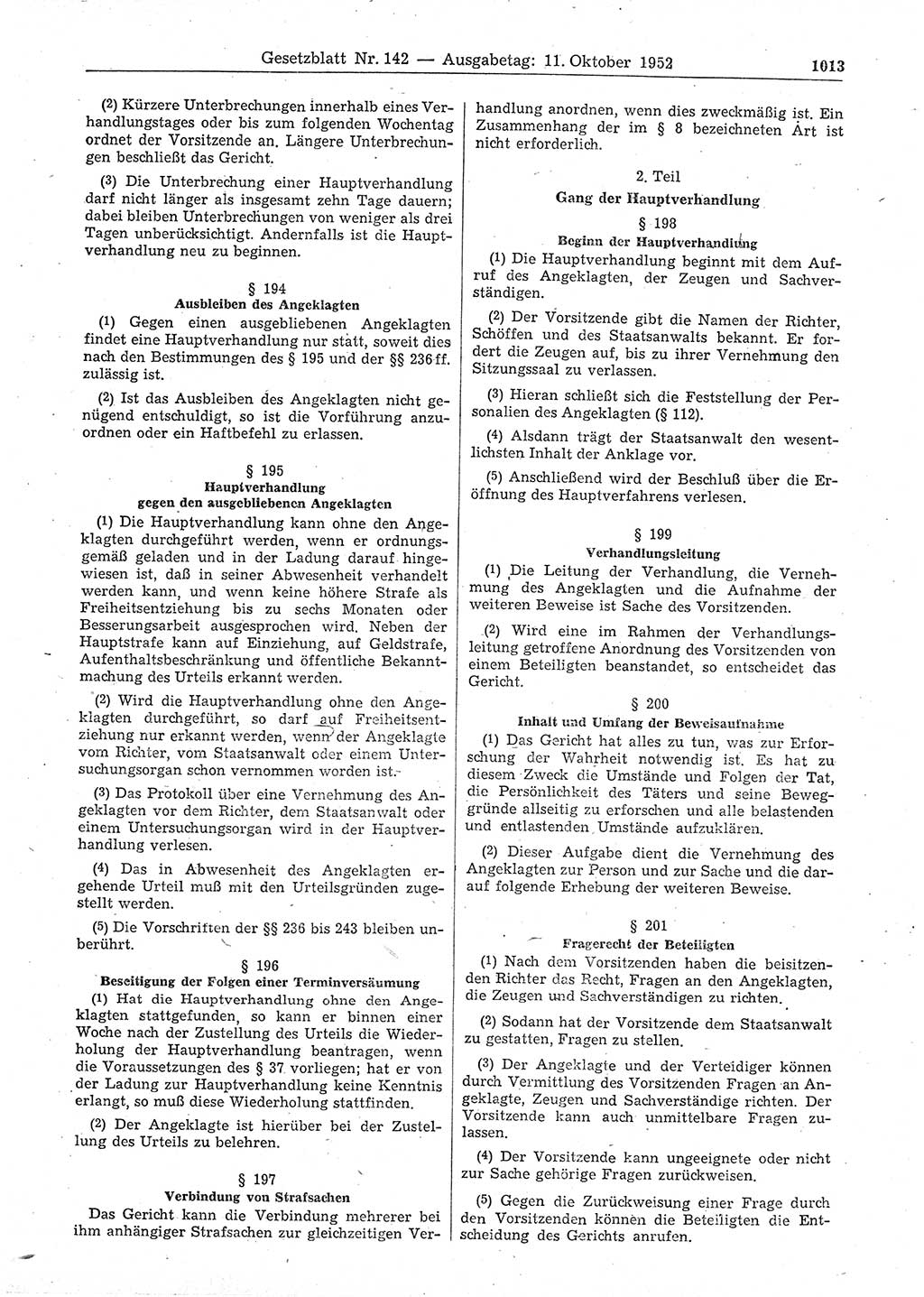 Gesetzblatt (GBl.) der Deutschen Demokratischen Republik (DDR) 1952, Seite 1013 (GBl. DDR 1952, S. 1013)