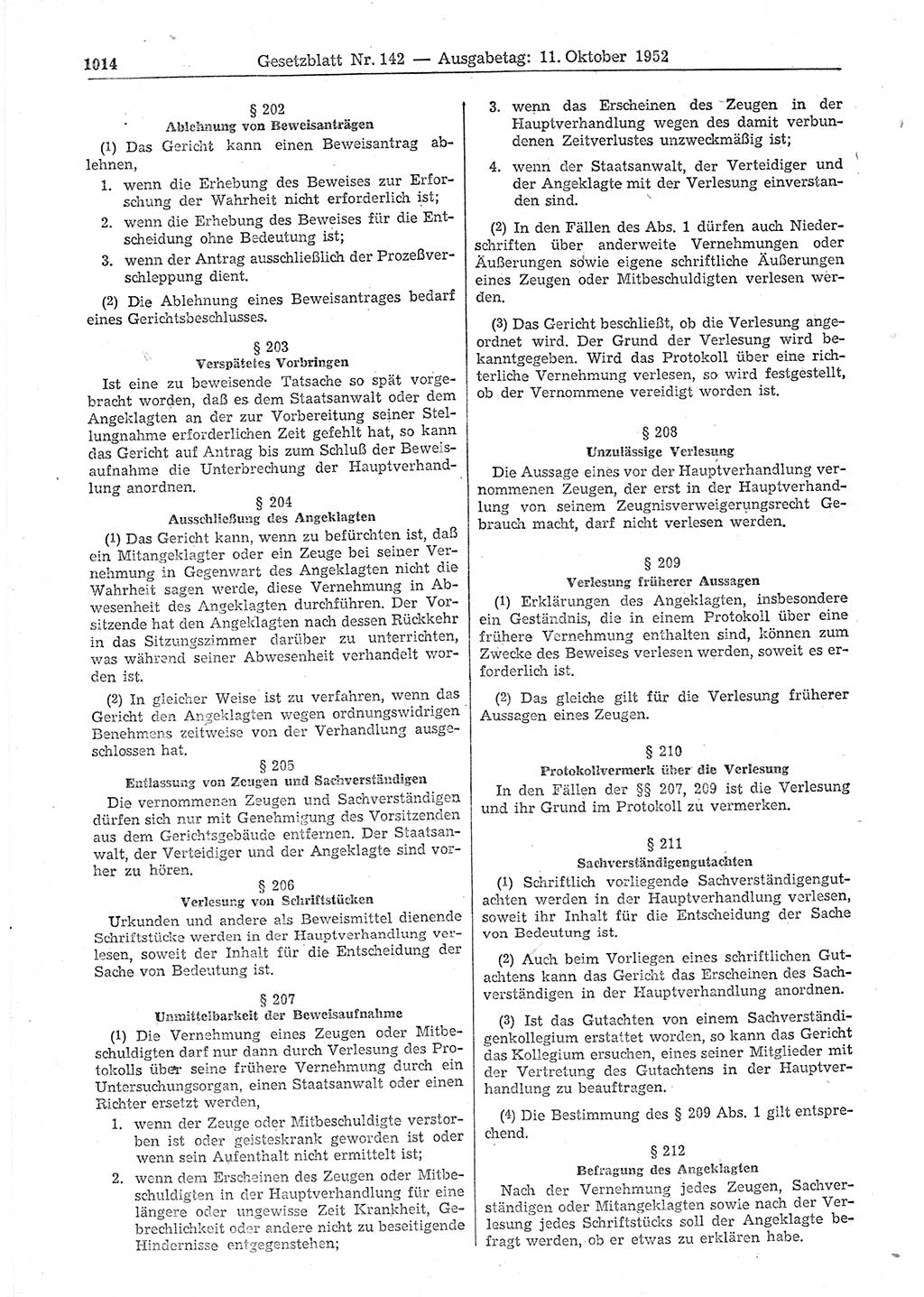 Gesetzblatt (GBl.) der Deutschen Demokratischen Republik (DDR) 1952, Seite 1014 (GBl. DDR 1952, S. 1014)