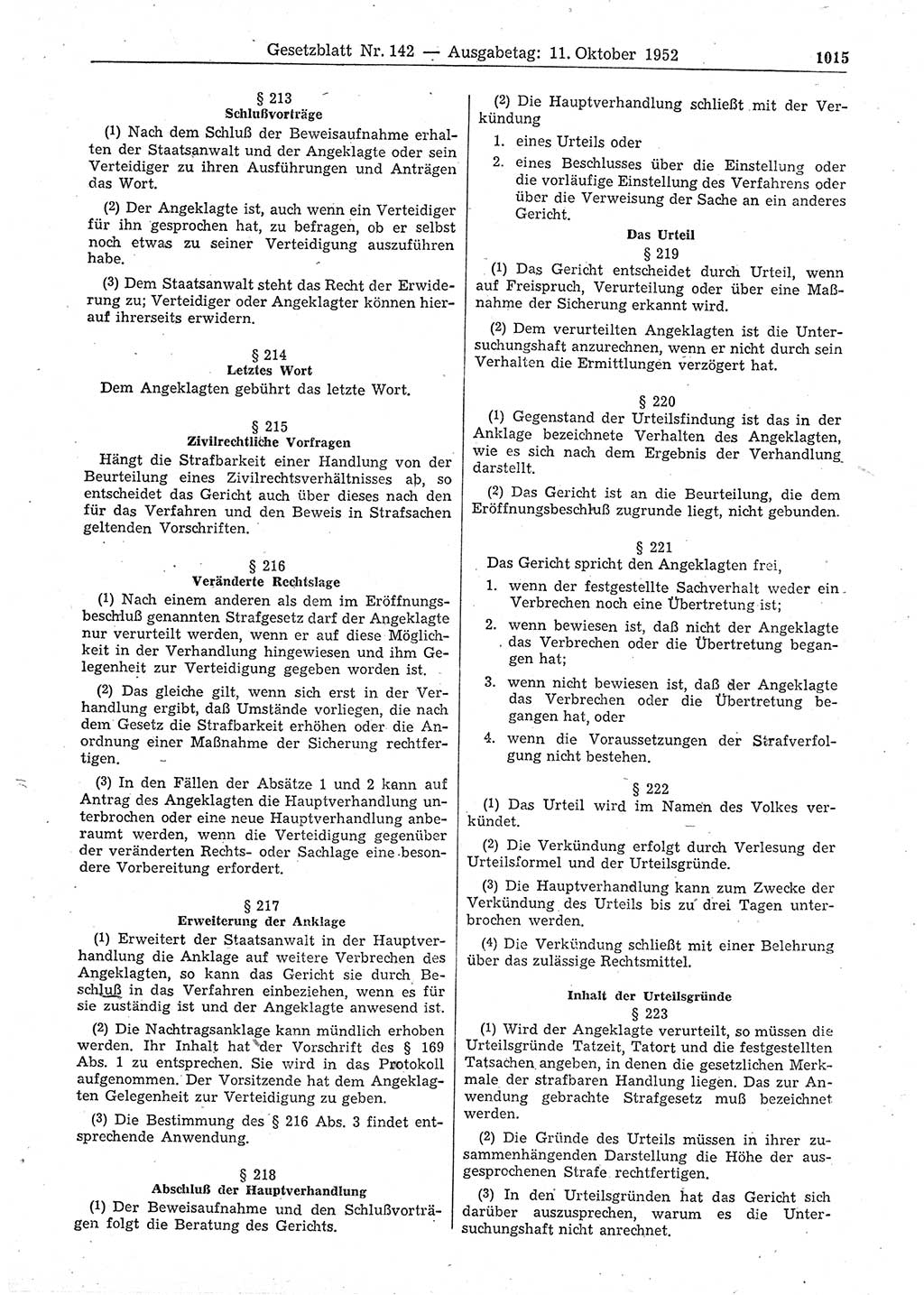 Gesetzblatt (GBl.) der Deutschen Demokratischen Republik (DDR) 1952, Seite 1015 (GBl. DDR 1952, S. 1015)