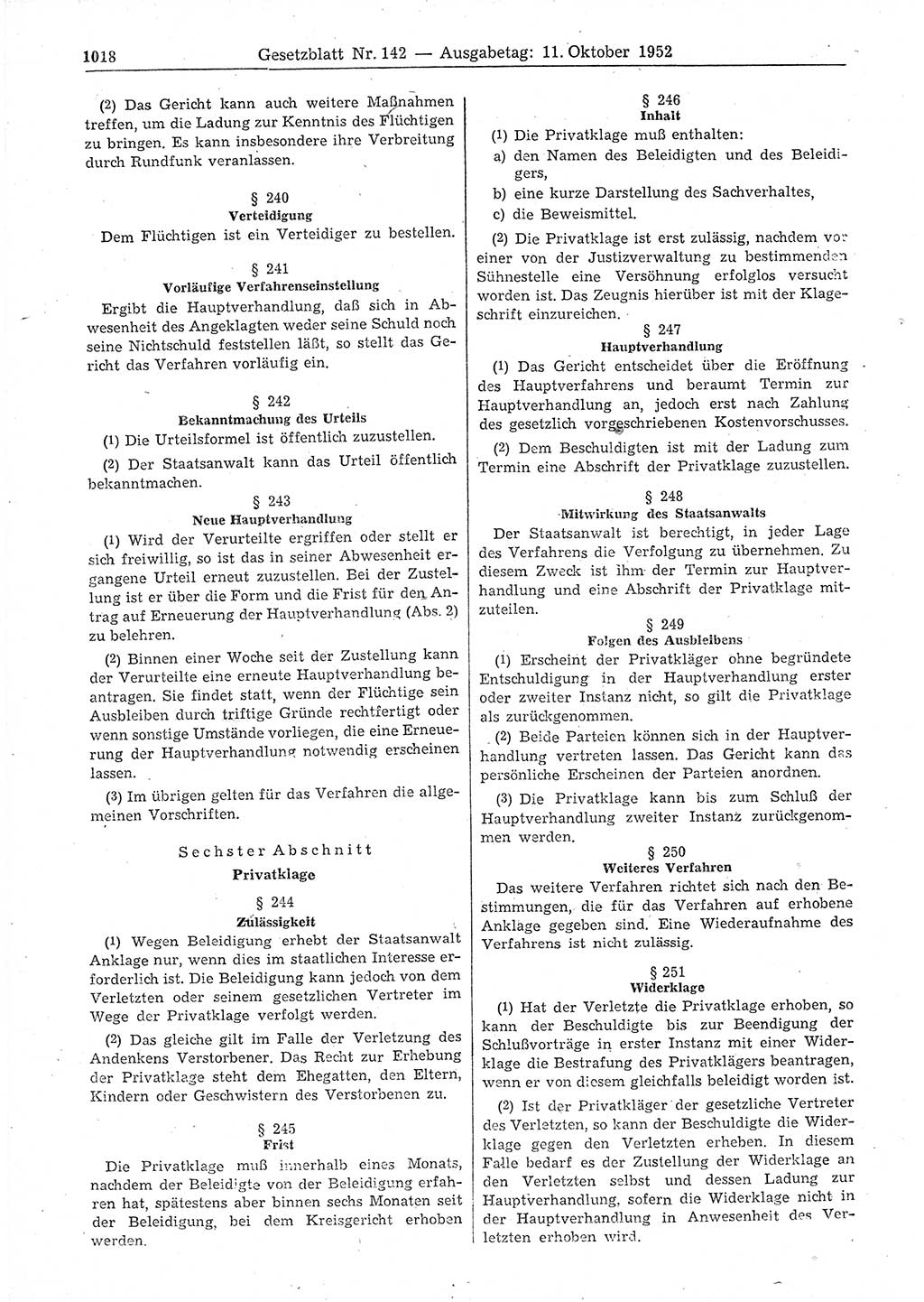 Gesetzblatt (GBl.) der Deutschen Demokratischen Republik (DDR) 1952, Seite 1018 (GBl. DDR 1952, S. 1018)
