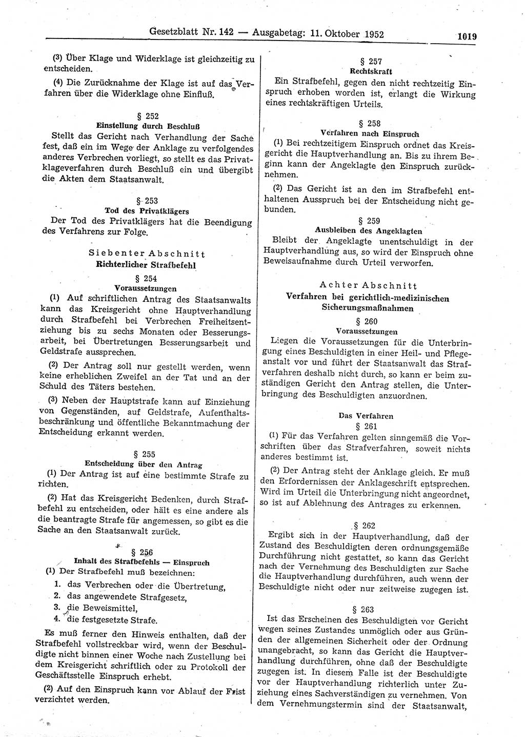 Gesetzblatt (GBl.) der Deutschen Demokratischen Republik (DDR) 1952, Seite 1019 (GBl. DDR 1952, S. 1019)