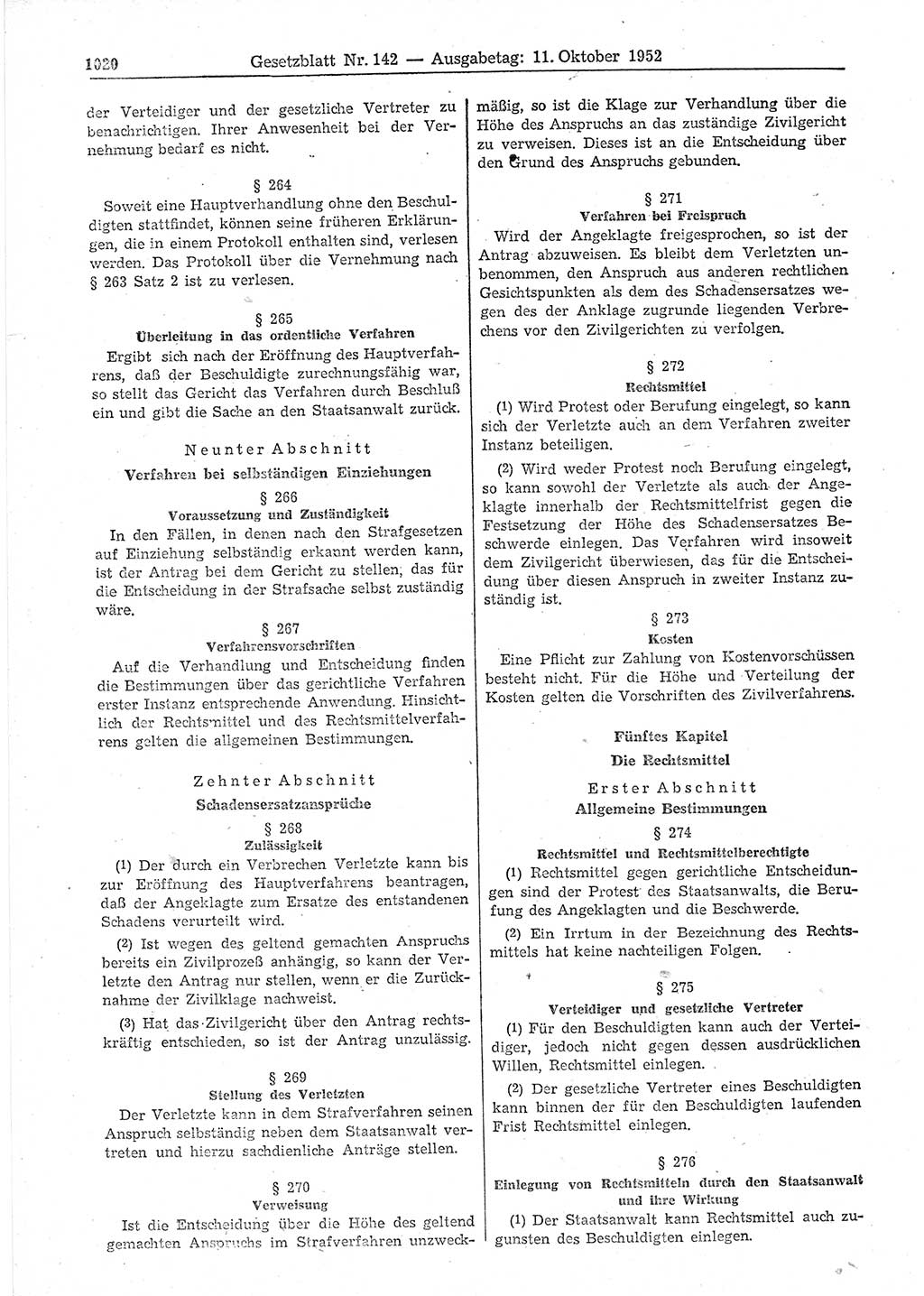 Gesetzblatt (GBl.) der Deutschen Demokratischen Republik (DDR) 1952, Seite 1020 (GBl. DDR 1952, S. 1020)