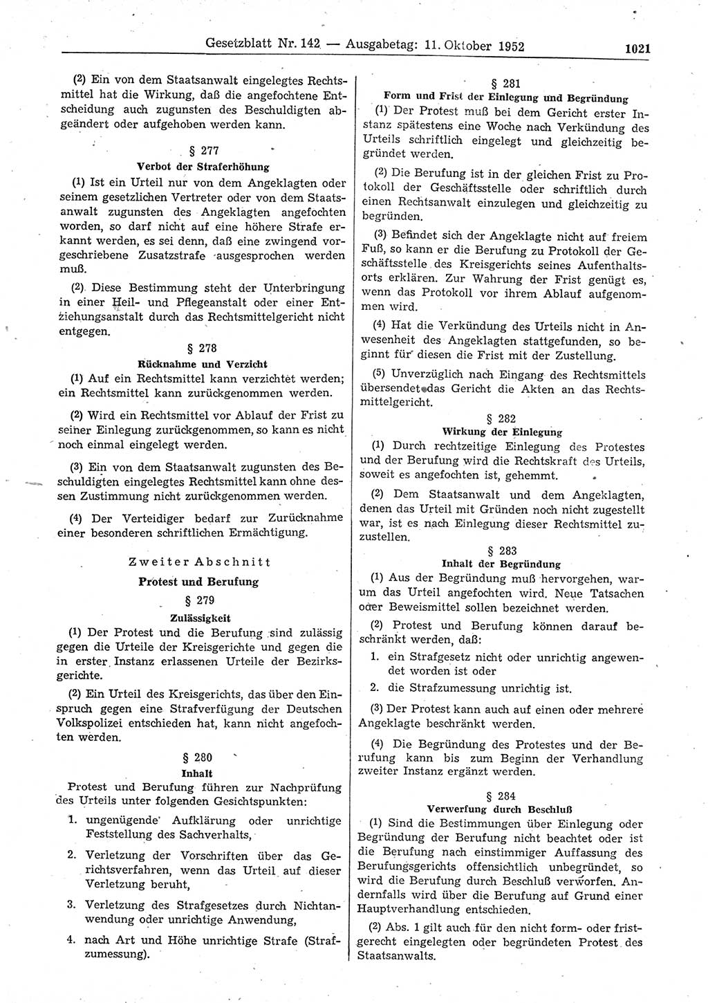 Gesetzblatt (GBl.) der Deutschen Demokratischen Republik (DDR) 1952, Seite 1021 (GBl. DDR 1952, S. 1021)