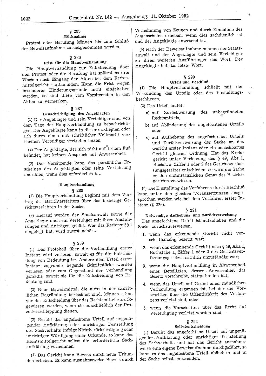 Gesetzblatt (GBl.) der Deutschen Demokratischen Republik (DDR) 1952, Seite 1022 (GBl. DDR 1952, S. 1022)