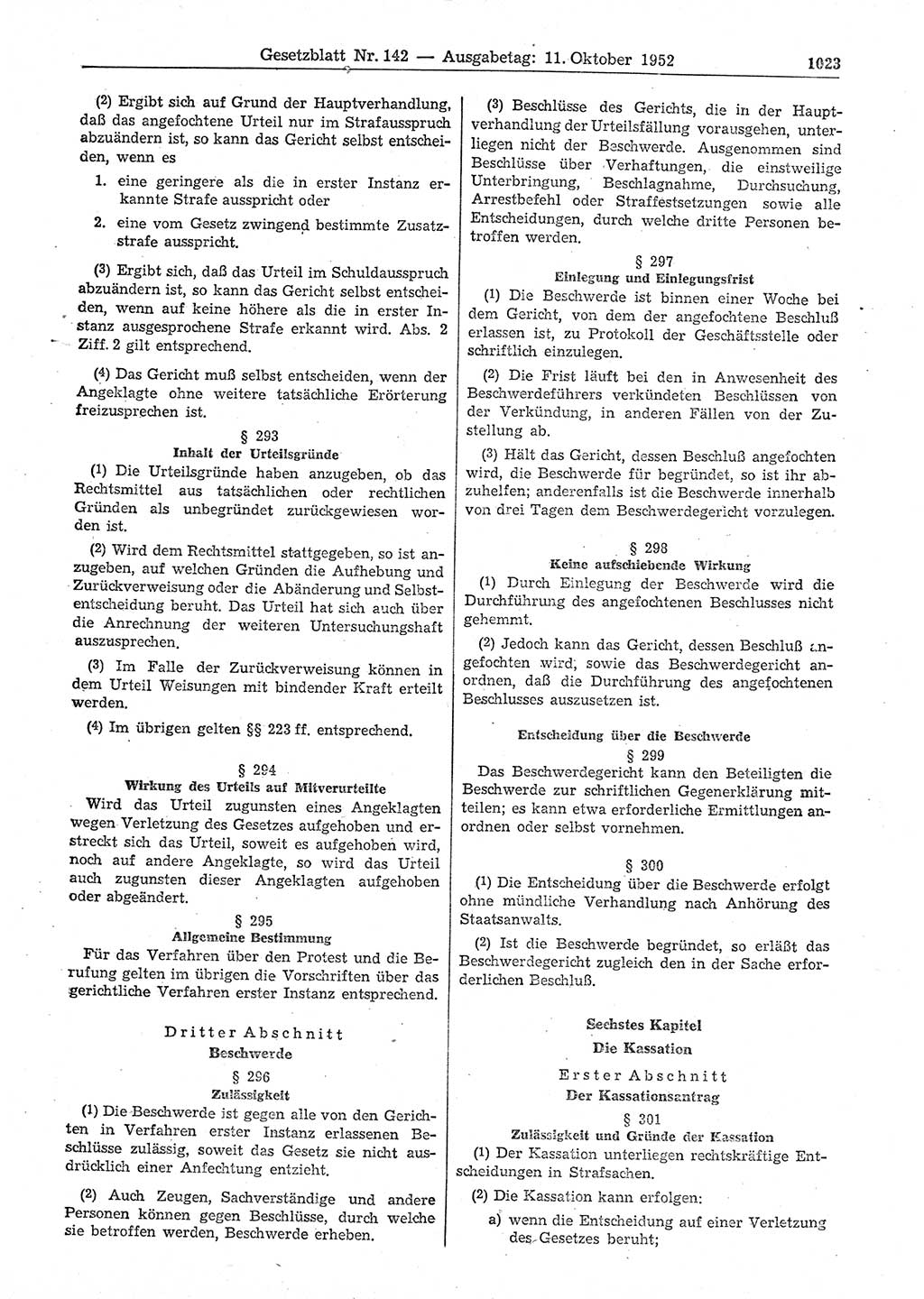 Gesetzblatt (GBl.) der Deutschen Demokratischen Republik (DDR) 1952, Seite 1023 (GBl. DDR 1952, S. 1023)