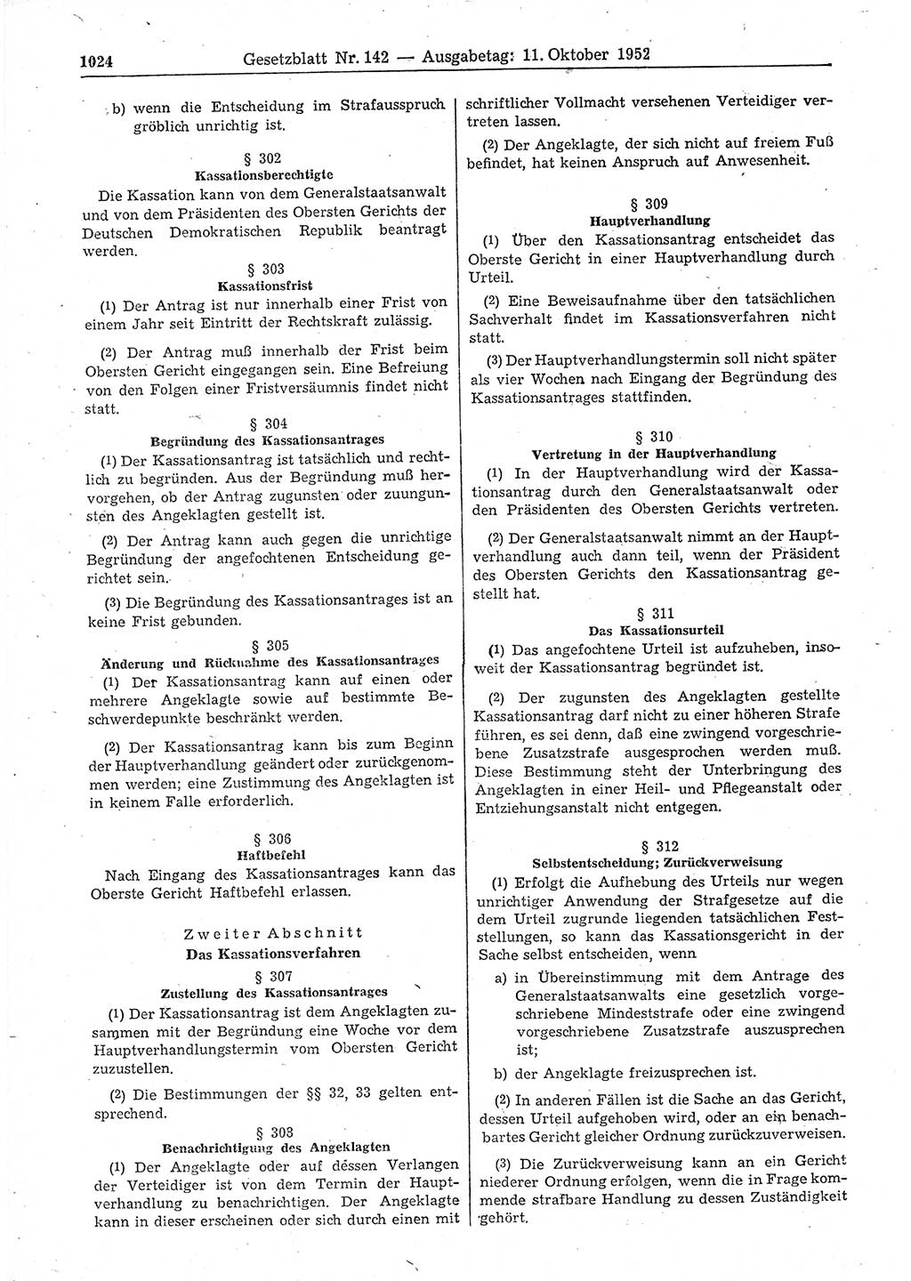 Gesetzblatt (GBl.) der Deutschen Demokratischen Republik (DDR) 1952, Seite 1024 (GBl. DDR 1952, S. 1024)