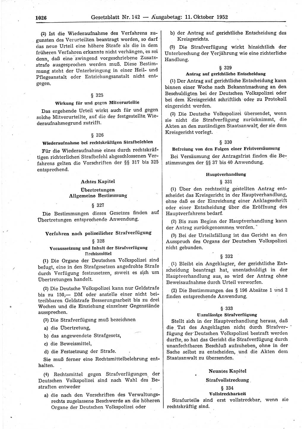 Gesetzblatt (GBl.) der Deutschen Demokratischen Republik (DDR) 1952, Seite 1026 (GBl. DDR 1952, S. 1026)