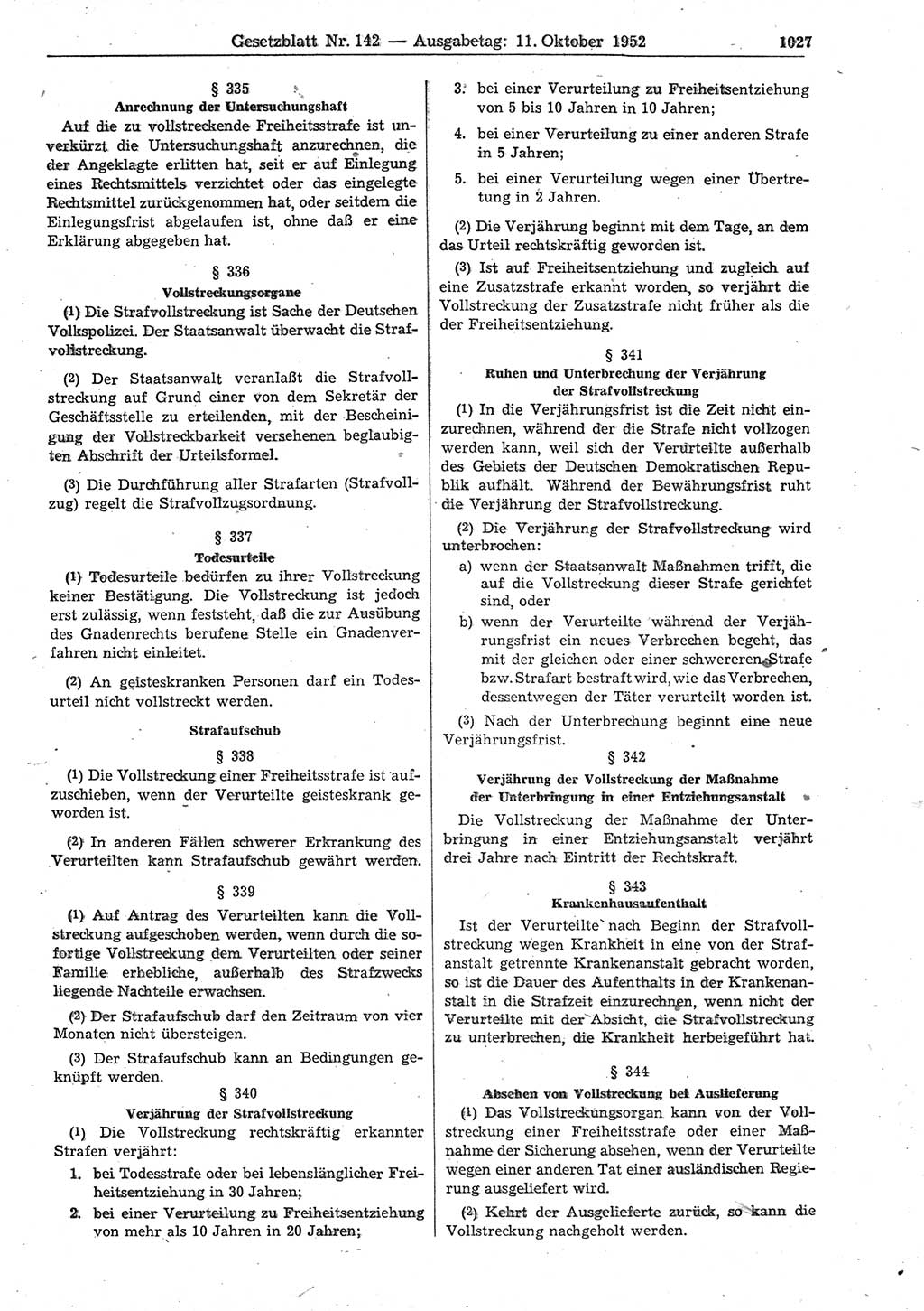 Gesetzblatt (GBl.) der Deutschen Demokratischen Republik (DDR) 1952, Seite 1027 (GBl. DDR 1952, S. 1027)