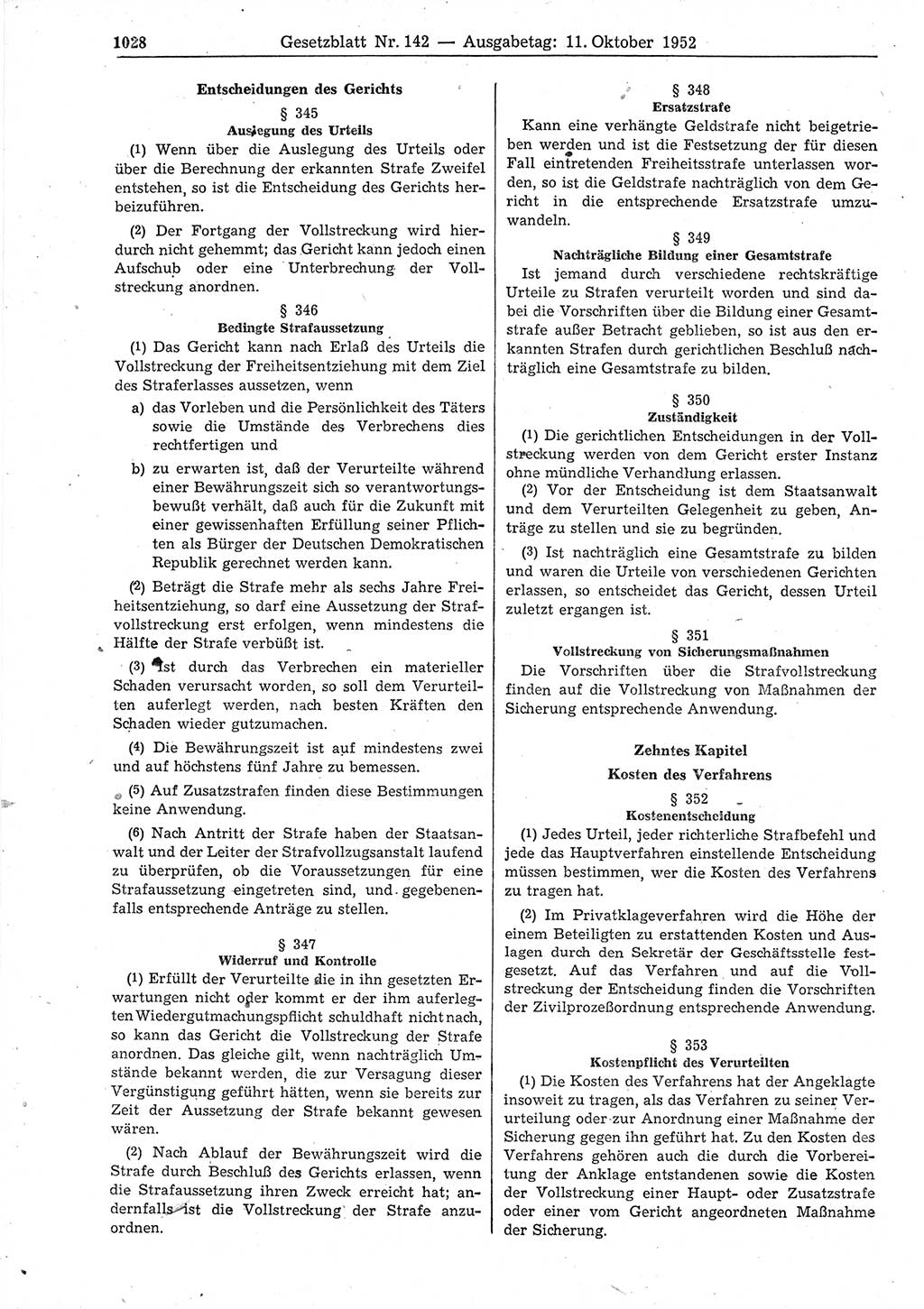 Gesetzblatt (GBl.) der Deutschen Demokratischen Republik (DDR) 1952, Seite 1028 (GBl. DDR 1952, S. 1028)