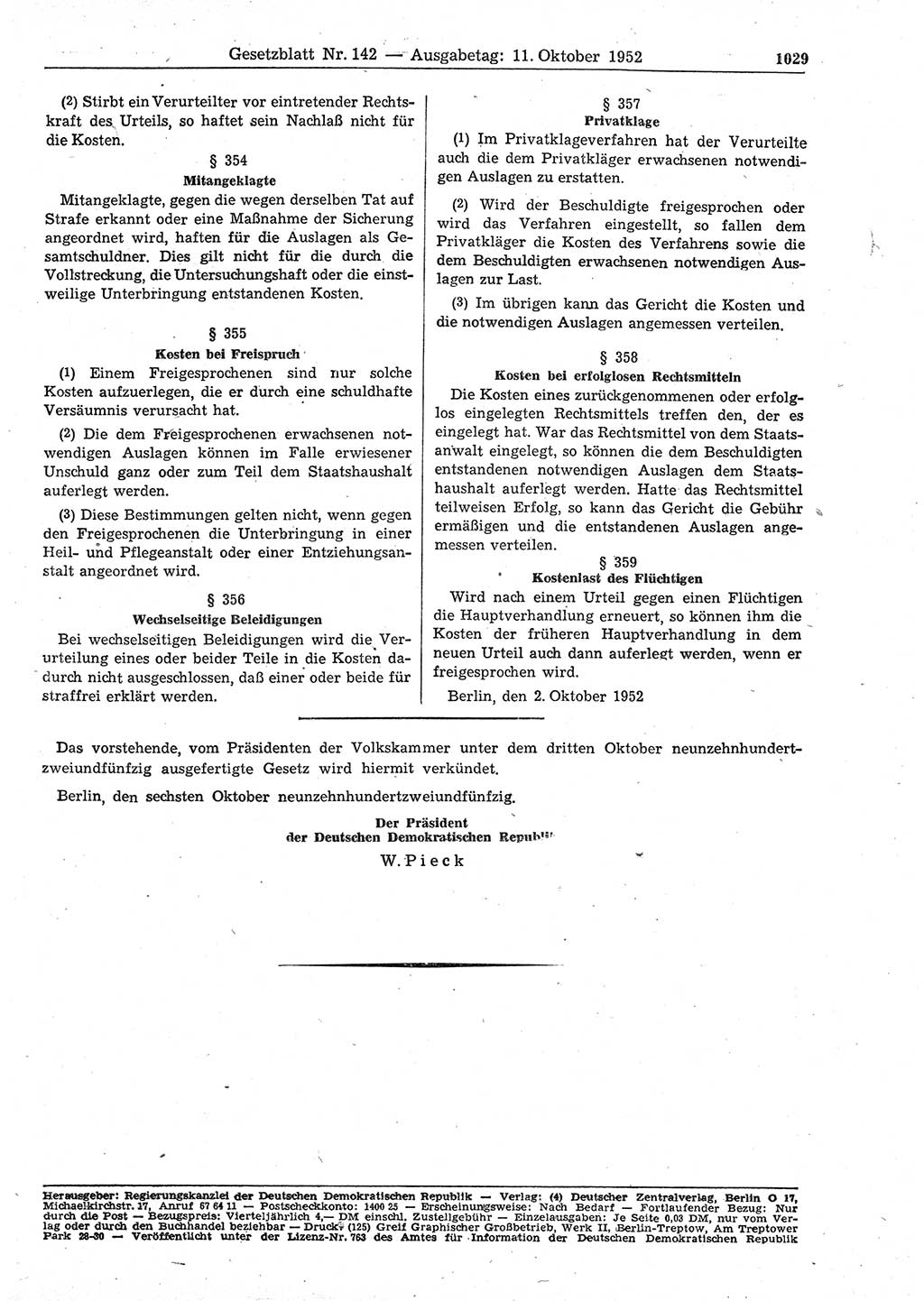 Gesetzblatt (GBl.) der Deutschen Demokratischen Republik (DDR) 1952, Seite 1029 (GBl. DDR 1952, S. 1029)