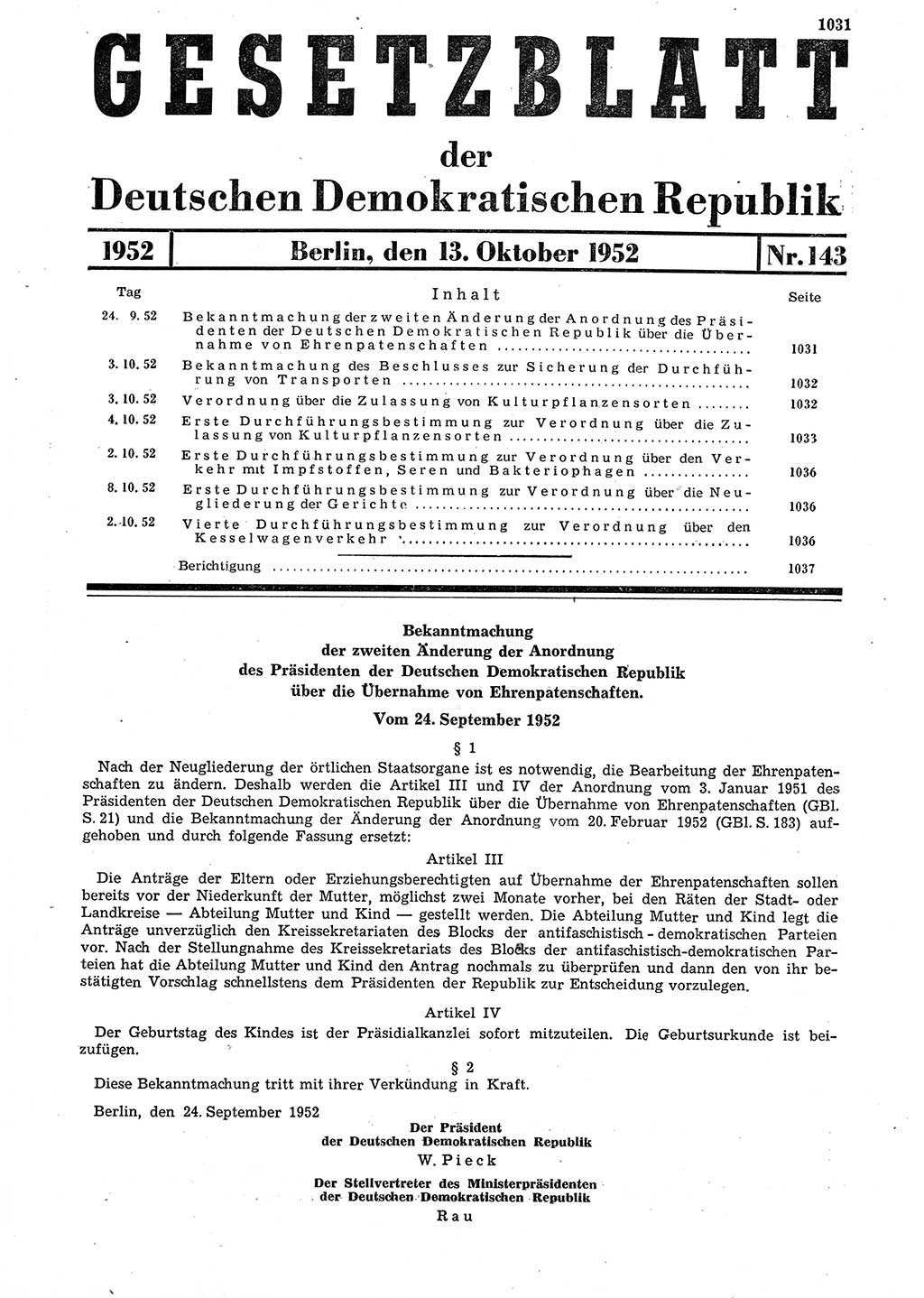 Gesetzblatt (GBl.) der Deutschen Demokratischen Republik (DDR) 1952, Seite 1031 (GBl. DDR 1952, S. 1031)