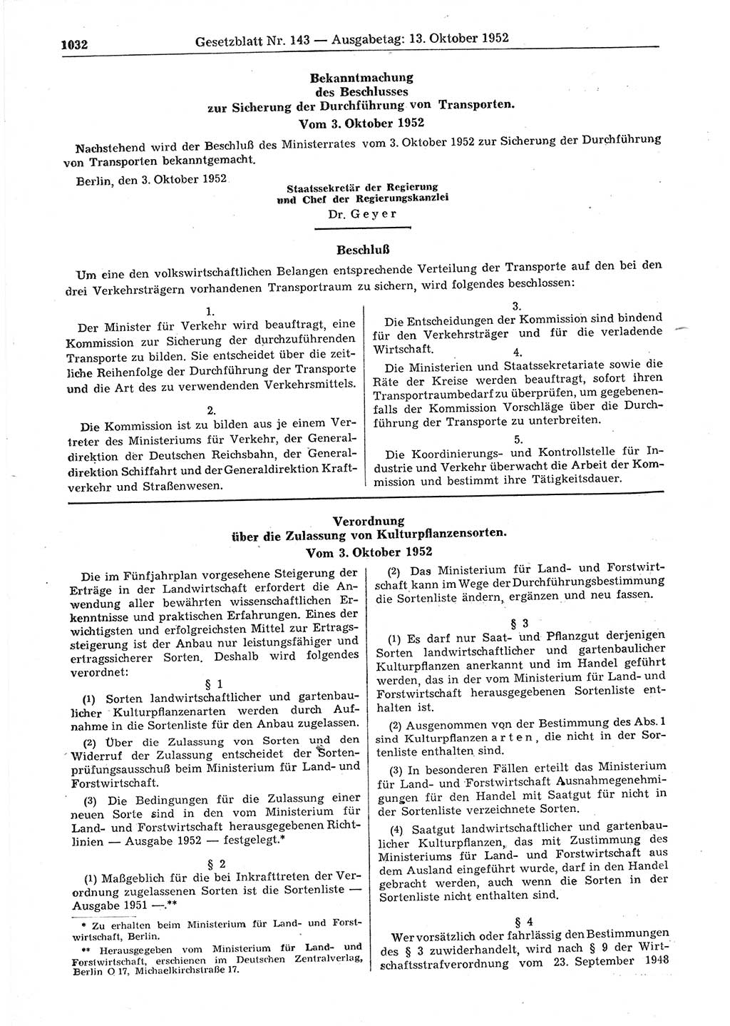 Gesetzblatt (GBl.) der Deutschen Demokratischen Republik (DDR) 1952, Seite 1032 (GBl. DDR 1952, S. 1032)
