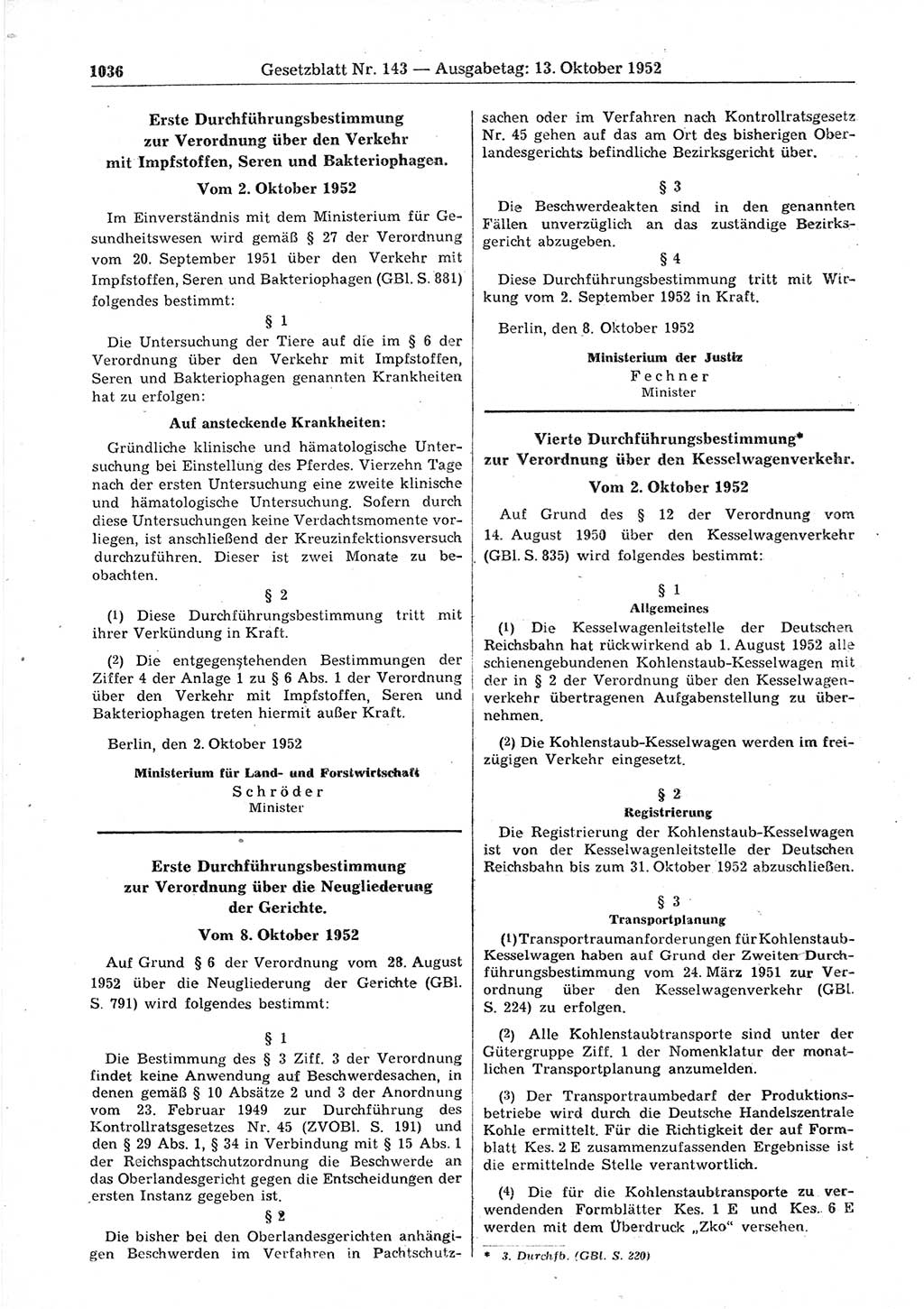 Gesetzblatt (GBl.) der Deutschen Demokratischen Republik (DDR) 1952, Seite 1036 (GBl. DDR 1952, S. 1036)