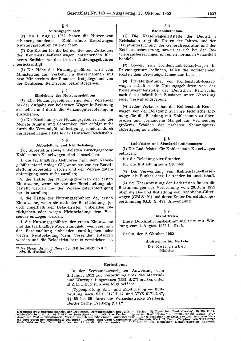 Gesetzblatt (GBl.) der Deutschen Demokratischen Republik (DDR) 1952, Seite 1037 (GBl. DDR 1952, S. 1037)