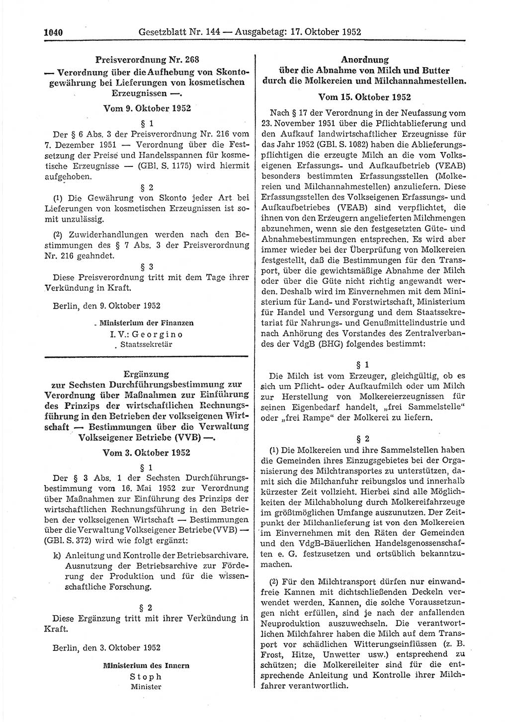 Gesetzblatt (GBl.) der Deutschen Demokratischen Republik (DDR) 1952, Seite 1040 (GBl. DDR 1952, S. 1040)