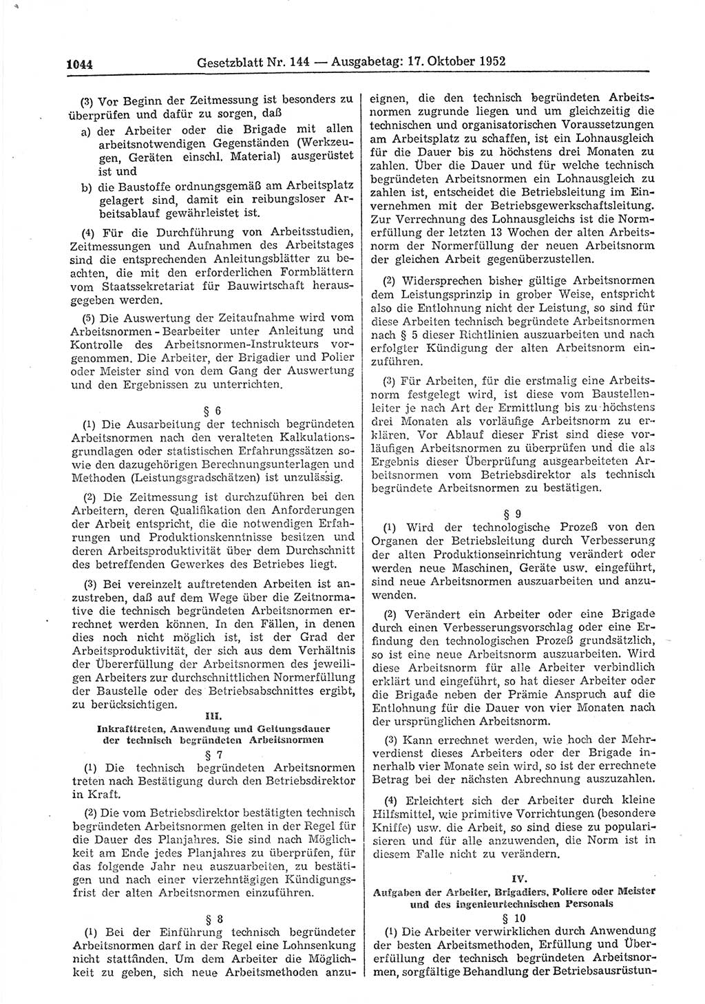 Gesetzblatt (GBl.) der Deutschen Demokratischen Republik (DDR) 1952, Seite 1044 (GBl. DDR 1952, S. 1044)