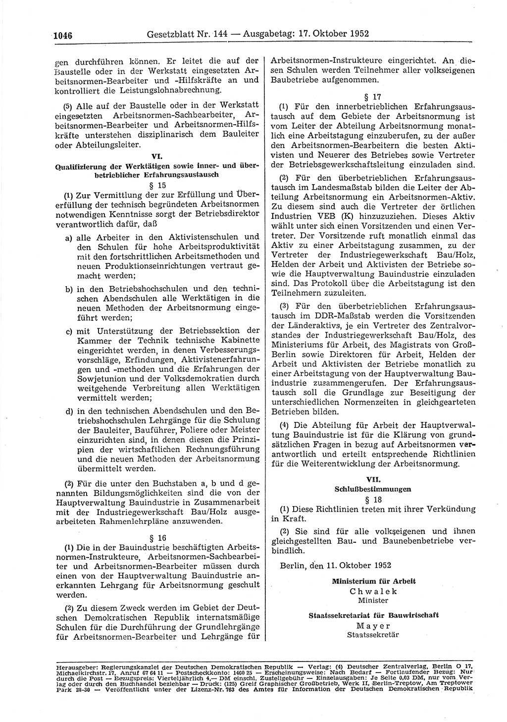 Gesetzblatt (GBl.) der Deutschen Demokratischen Republik (DDR) 1952, Seite 1046 (GBl. DDR 1952, S. 1046)