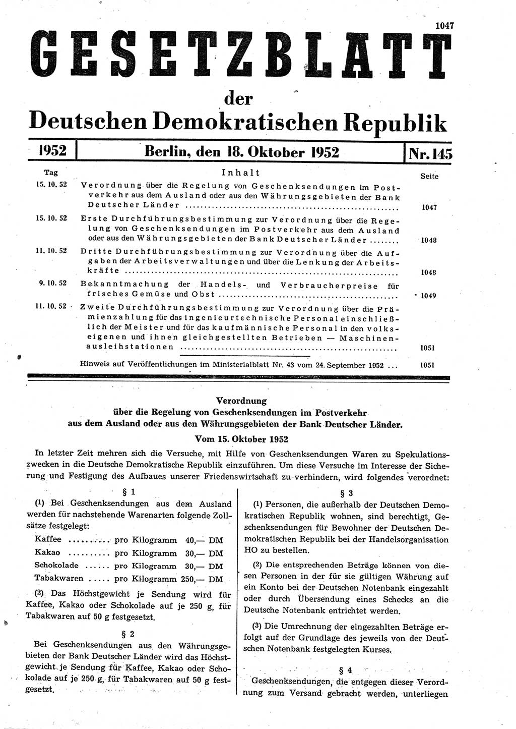 Gesetzblatt (GBl.) der Deutschen Demokratischen Republik (DDR) 1952, Seite 1047 (GBl. DDR 1952, S. 1047)