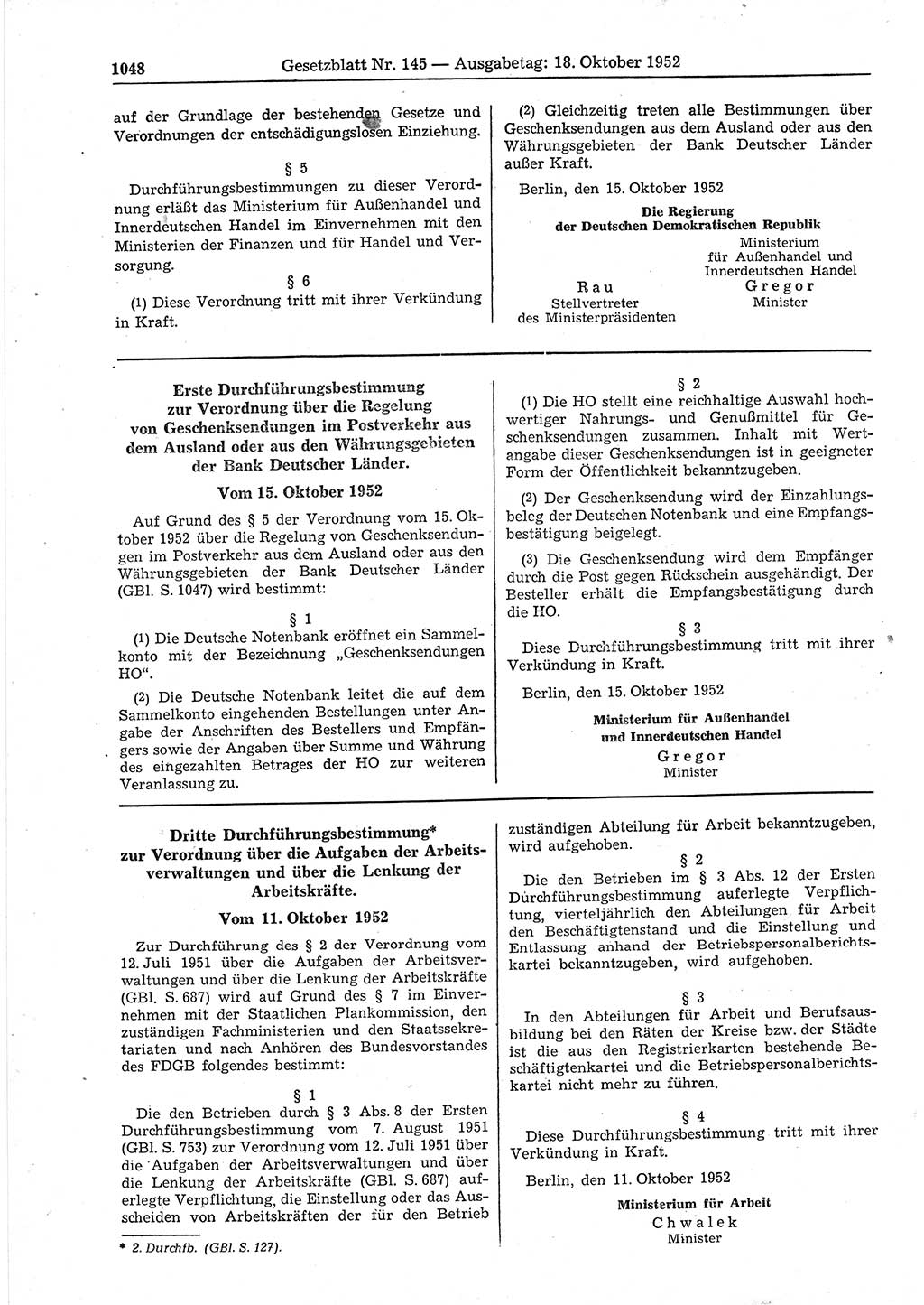 Gesetzblatt (GBl.) der Deutschen Demokratischen Republik (DDR) 1952, Seite 1048 (GBl. DDR 1952, S. 1048)