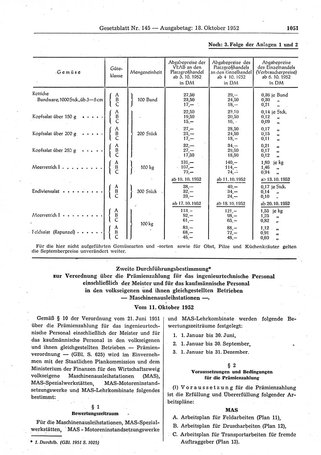 Gesetzblatt (GBl.) der Deutschen Demokratischen Republik (DDR) 1952, Seite 1051 (GBl. DDR 1952, S. 1051)