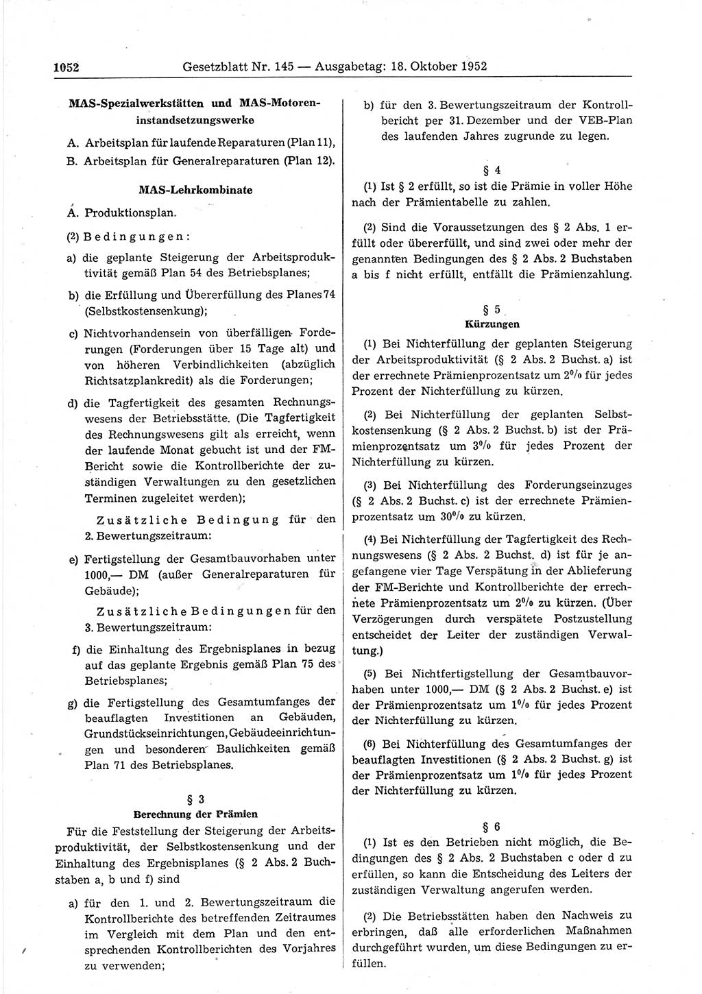 Gesetzblatt (GBl.) der Deutschen Demokratischen Republik (DDR) 1952, Seite 1052 (GBl. DDR 1952, S. 1052)