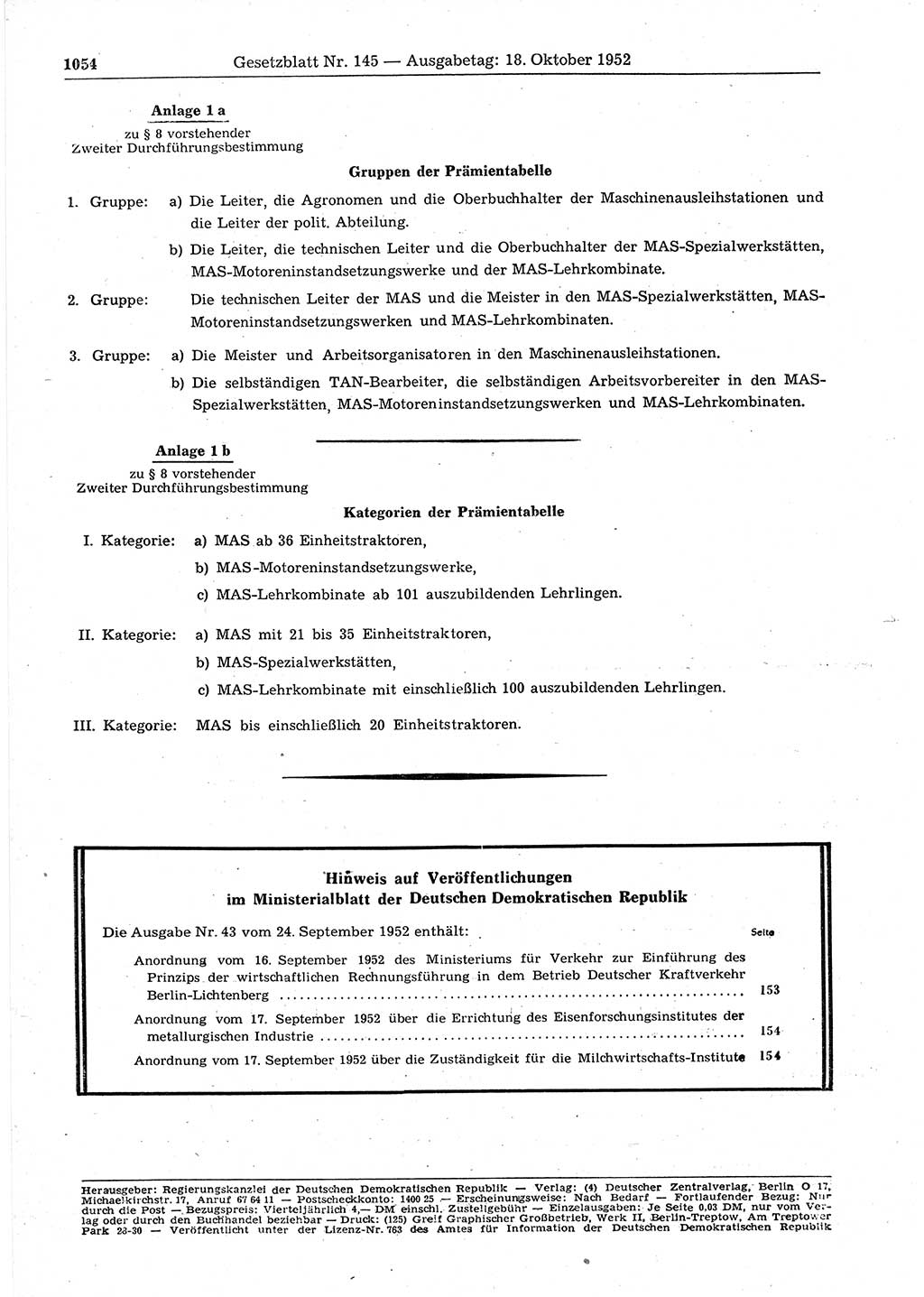 Gesetzblatt (GBl.) der Deutschen Demokratischen Republik (DDR) 1952, Seite 1054 (GBl. DDR 1952, S. 1054)