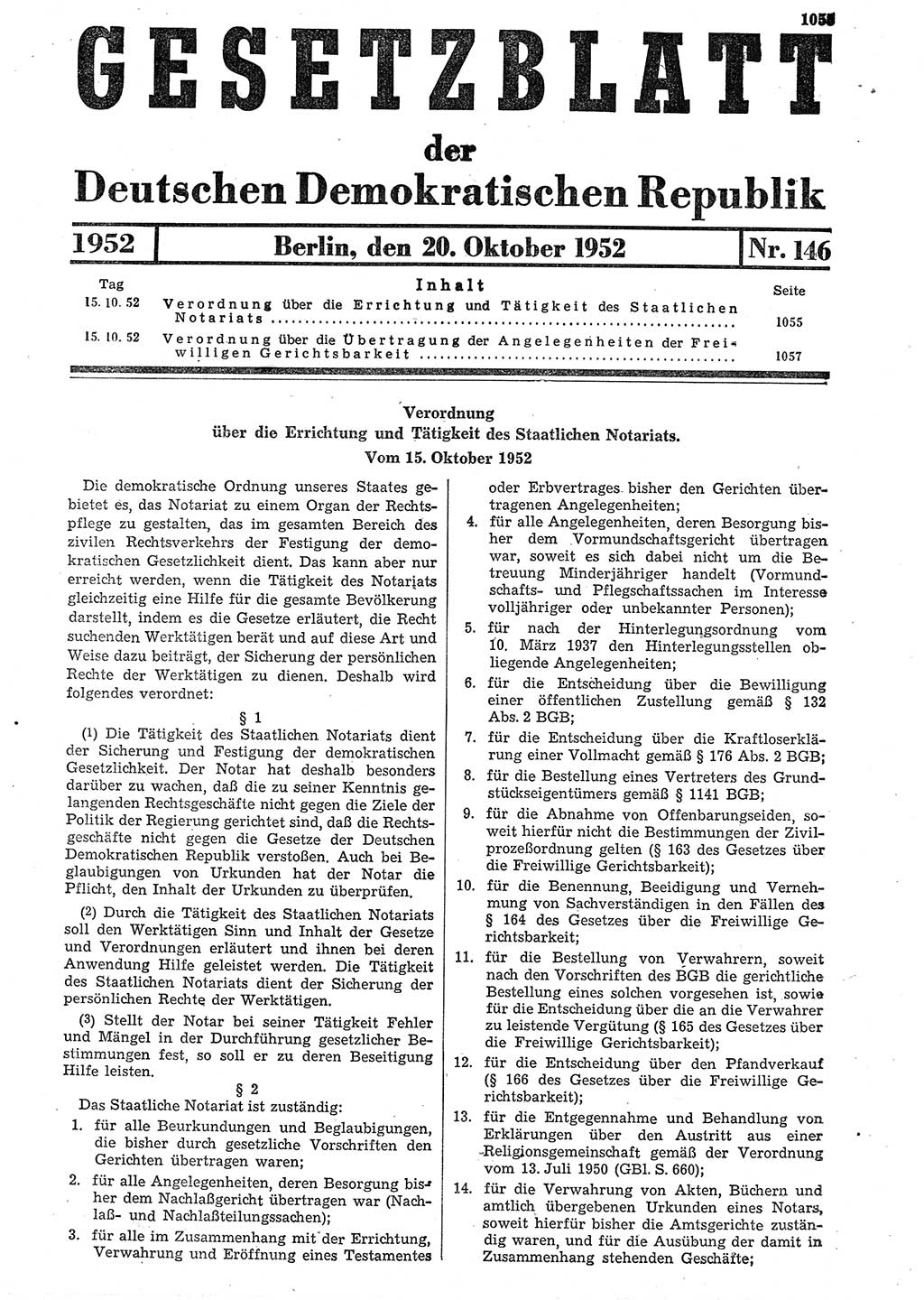 Gesetzblatt (GBl.) der Deutschen Demokratischen Republik (DDR) 1952, Seite 1055 (GBl. DDR 1952, S. 1055)