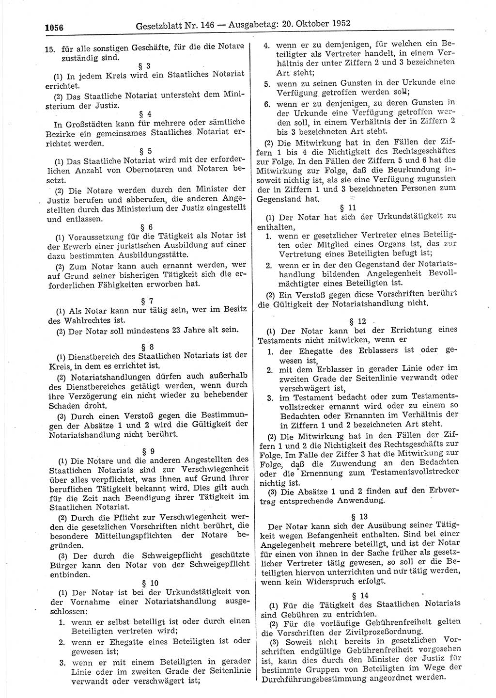 Gesetzblatt (GBl.) der Deutschen Demokratischen Republik (DDR) 1952, Seite 1056 (GBl. DDR 1952, S. 1056)