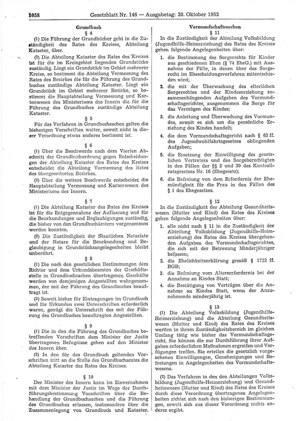 Gesetzblatt (GBl.) der Deutschen Demokratischen Republik (DDR) 1952, Seite 1058 (GBl. DDR 1952, S. 1058)