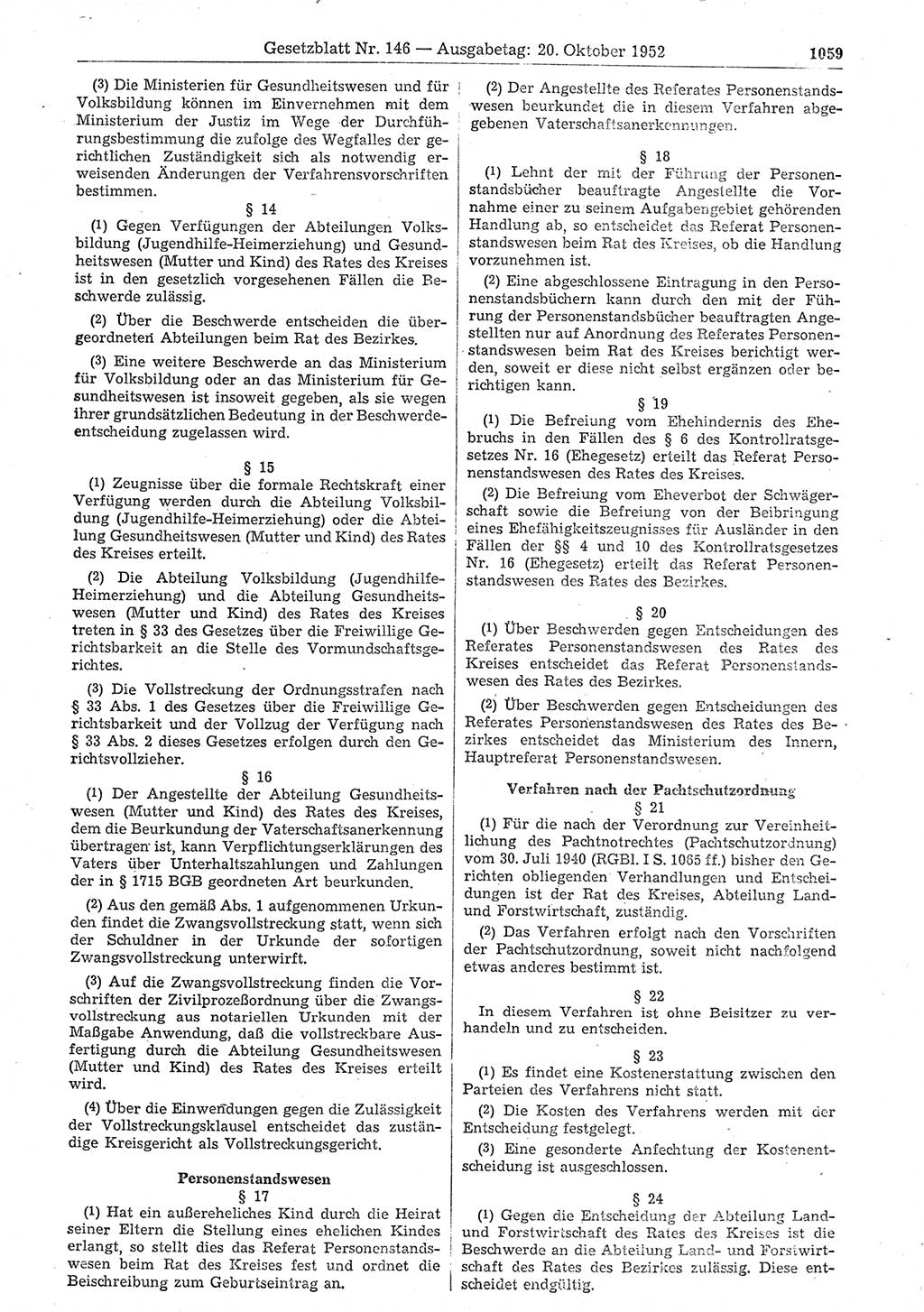 Gesetzblatt (GBl.) der Deutschen Demokratischen Republik (DDR) 1952, Seite 1059 (GBl. DDR 1952, S. 1059)