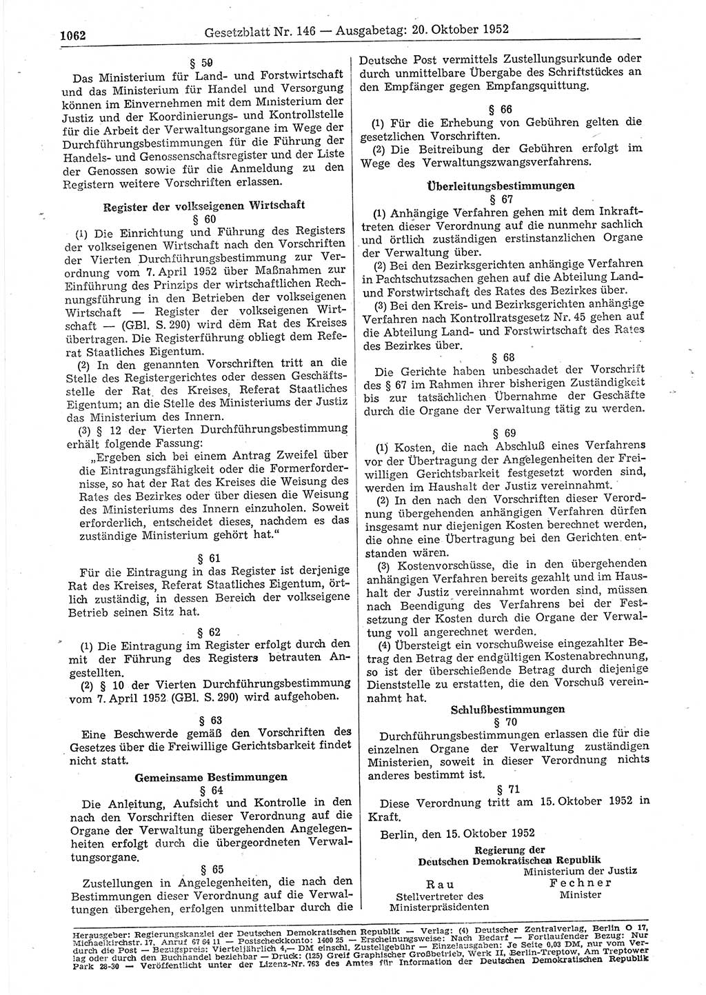 Gesetzblatt (GBl.) der Deutschen Demokratischen Republik (DDR) 1952, Seite 1062 (GBl. DDR 1952, S. 1062)