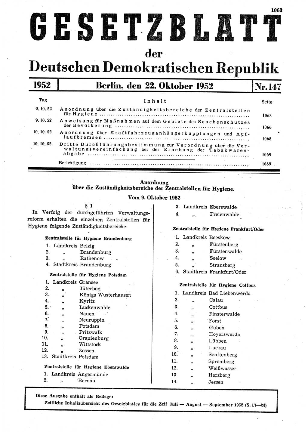 Gesetzblatt (GBl.) der Deutschen Demokratischen Republik (DDR) 1952, Seite 1063 (GBl. DDR 1952, S. 1063)