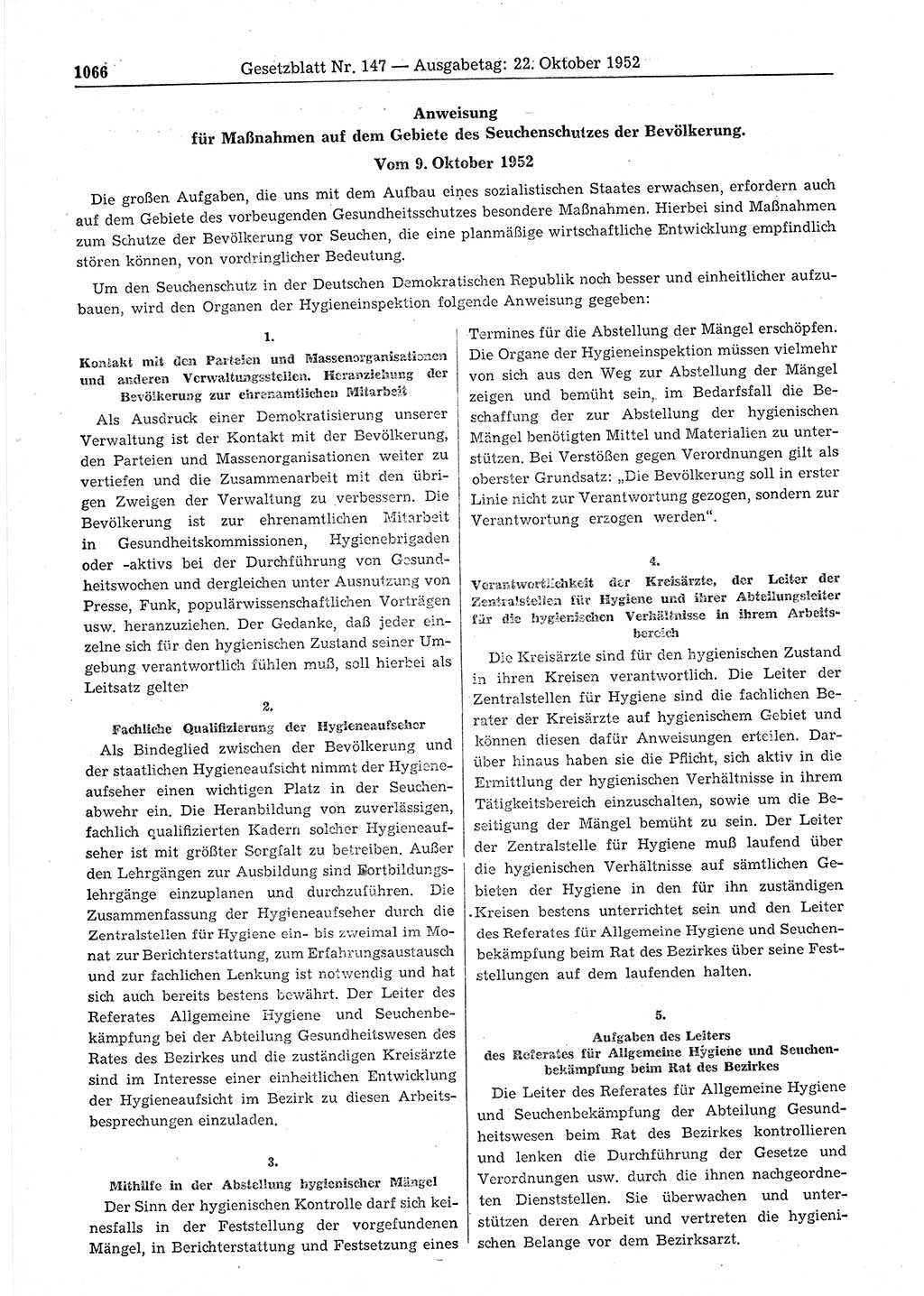 Gesetzblatt (GBl.) der Deutschen Demokratischen Republik (DDR) 1952, Seite 1066 (GBl. DDR 1952, S. 1066)