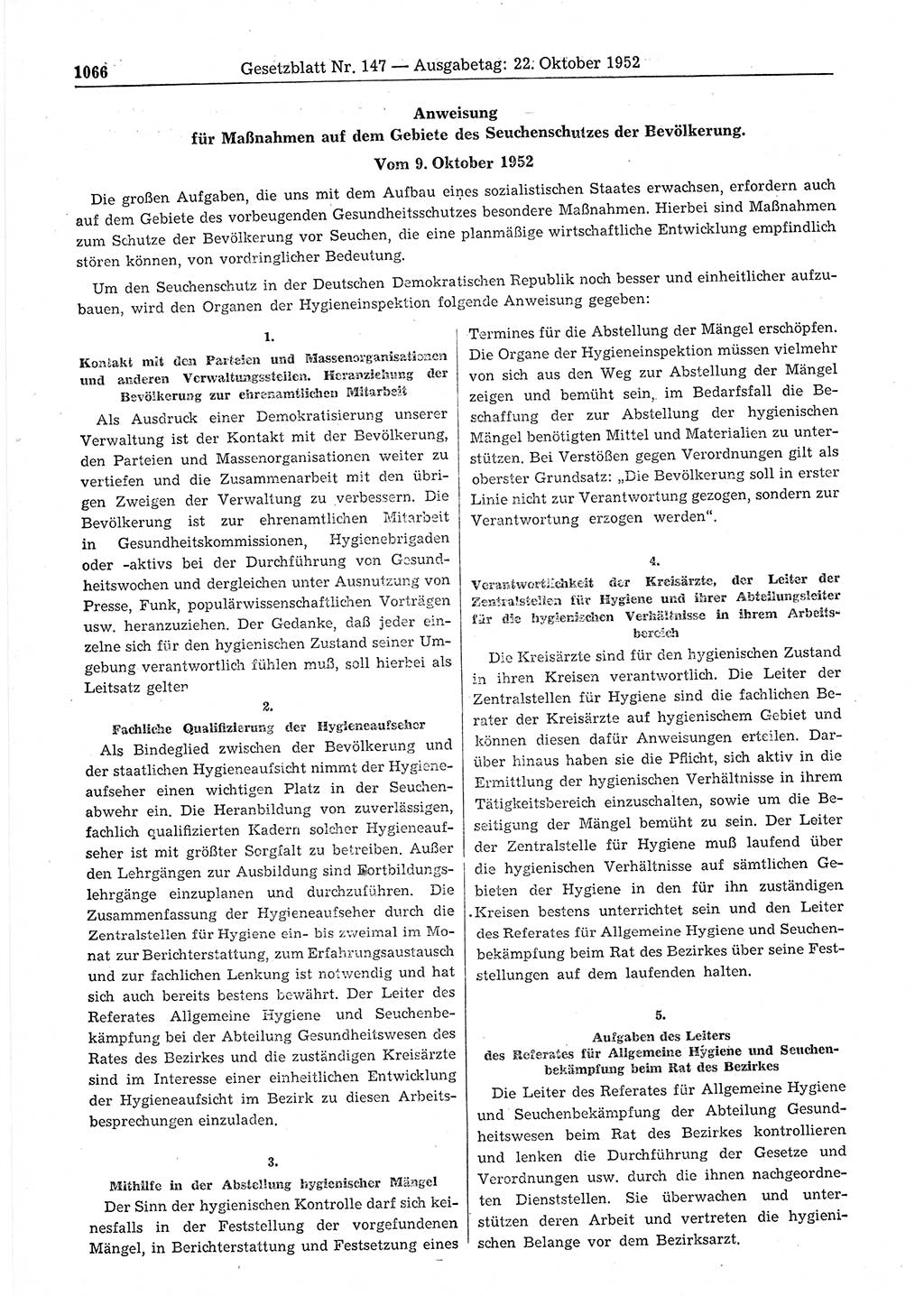 Gesetzblatt (GBl.) der Deutschen Demokratischen Republik (DDR) 1952, Seite 1066 (GBl. DDR 1952, S. 1066)