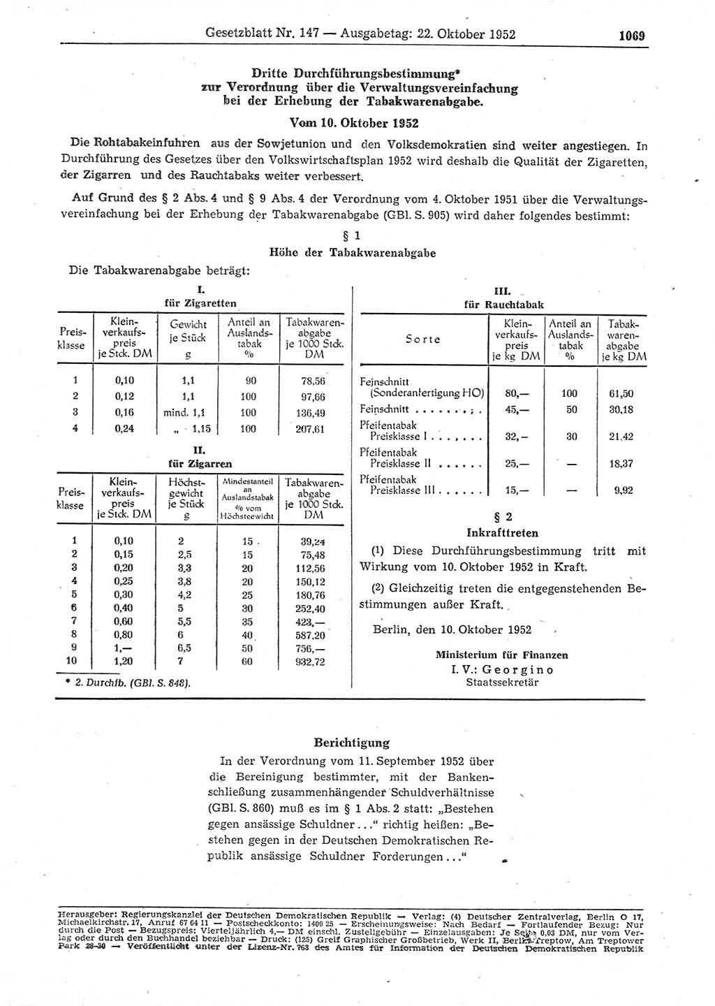 Gesetzblatt (GBl.) der Deutschen Demokratischen Republik (DDR) 1952, Seite 1069 (GBl. DDR 1952, S. 1069)