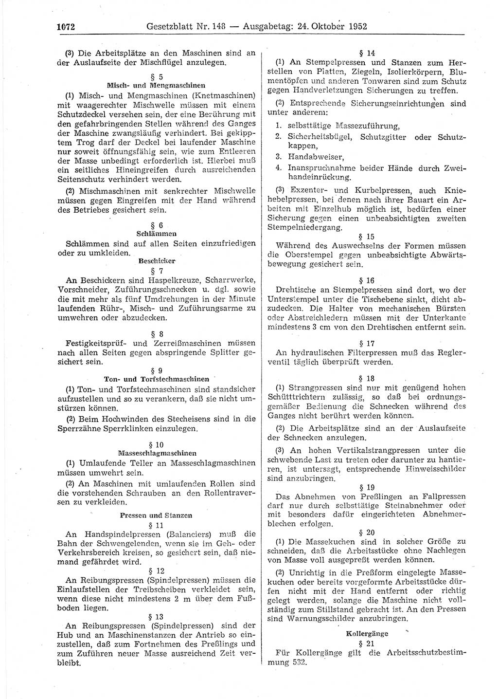 Gesetzblatt (GBl.) der Deutschen Demokratischen Republik (DDR) 1952, Seite 1072 (GBl. DDR 1952, S. 1072)