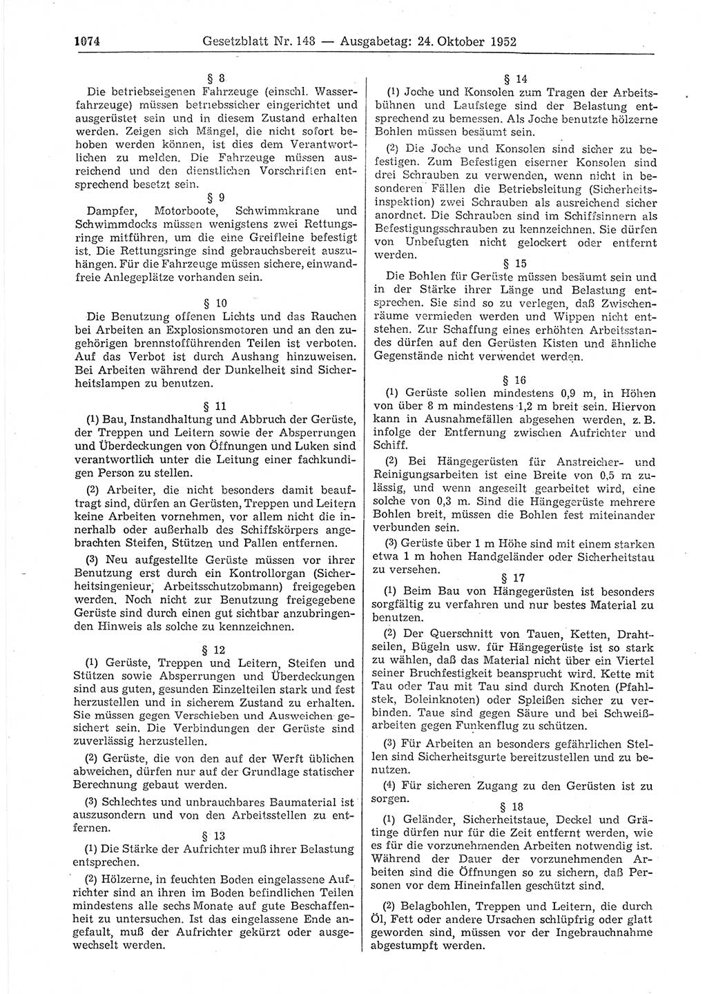 Gesetzblatt (GBl.) der Deutschen Demokratischen Republik (DDR) 1952, Seite 1074 (GBl. DDR 1952, S. 1074)