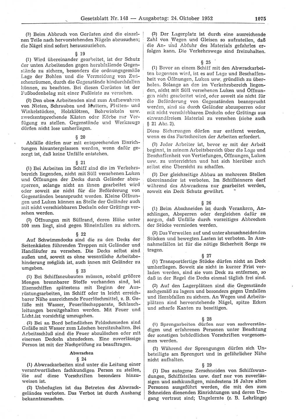 Gesetzblatt (GBl.) der Deutschen Demokratischen Republik (DDR) 1952, Seite 1075 (GBl. DDR 1952, S. 1075)
