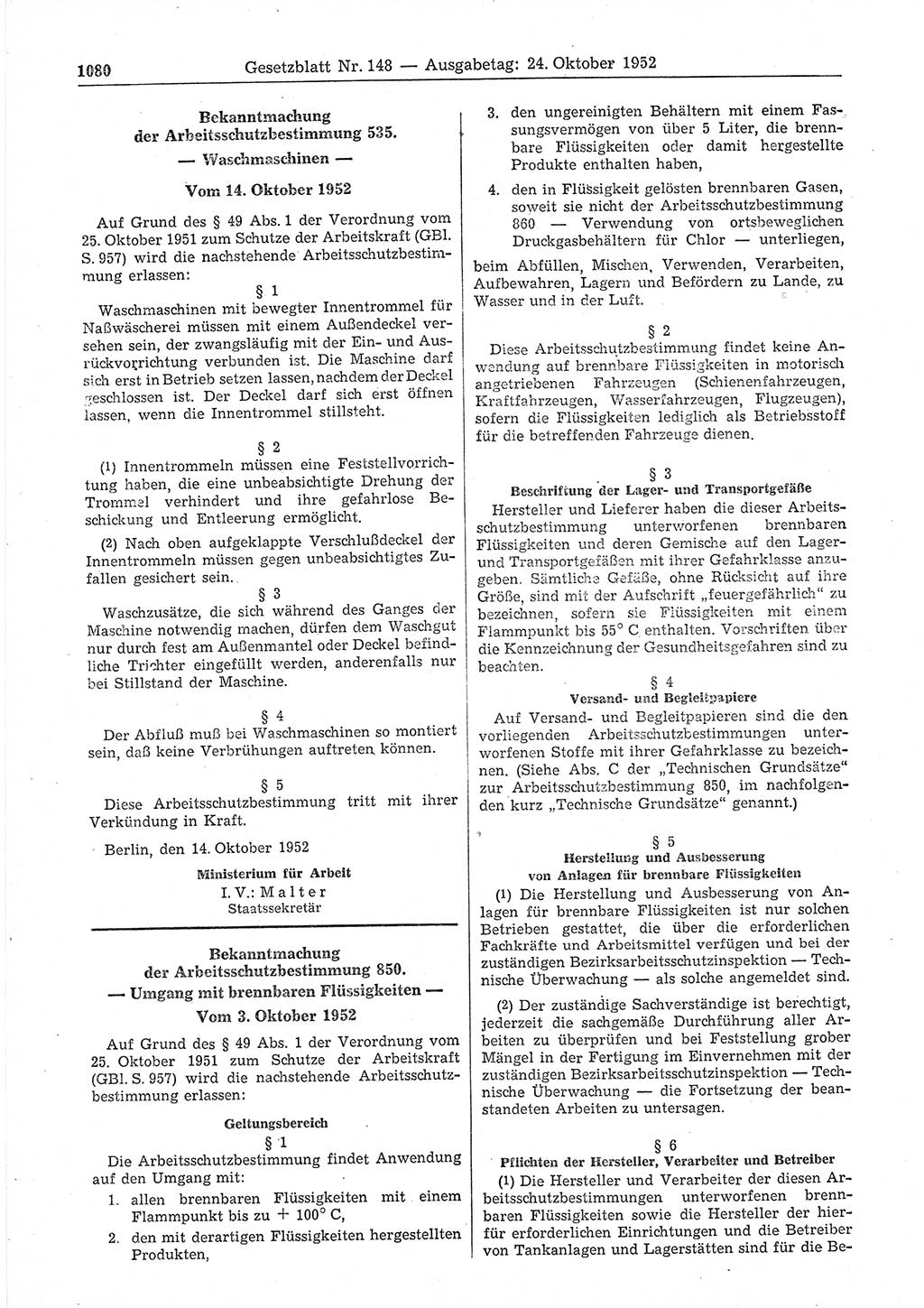 Gesetzblatt (GBl.) der Deutschen Demokratischen Republik (DDR) 1952, Seite 1080 (GBl. DDR 1952, S. 1080)