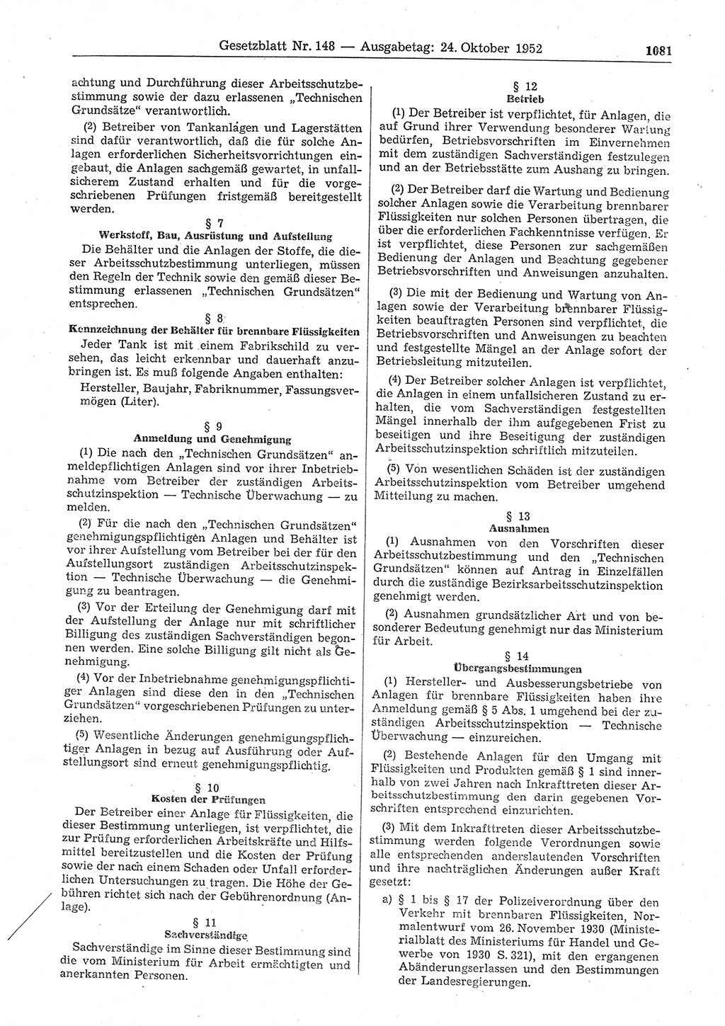 Gesetzblatt (GBl.) der Deutschen Demokratischen Republik (DDR) 1952, Seite 1081 (GBl. DDR 1952, S. 1081)